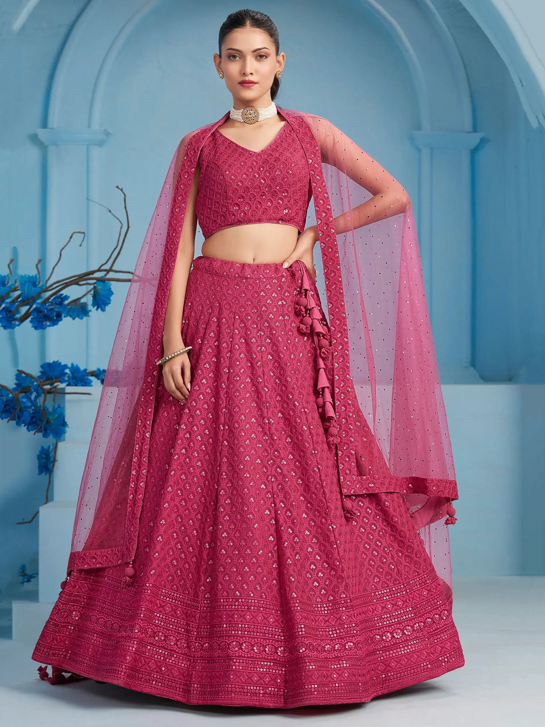 Captivating Pink Thread Work Georgette Sangeet Wear Lehenga Choli - Zeel Clothing