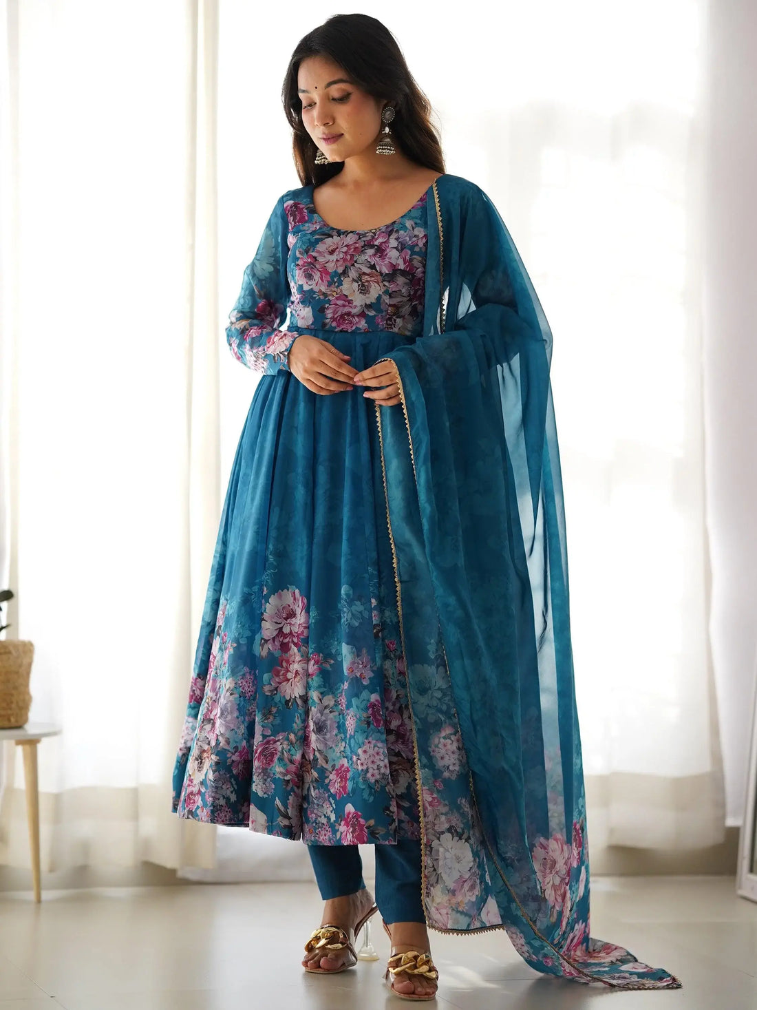 Charming Blue Floral Printed Organza Festival Wear Anarkali Suit - Zeel Clothing