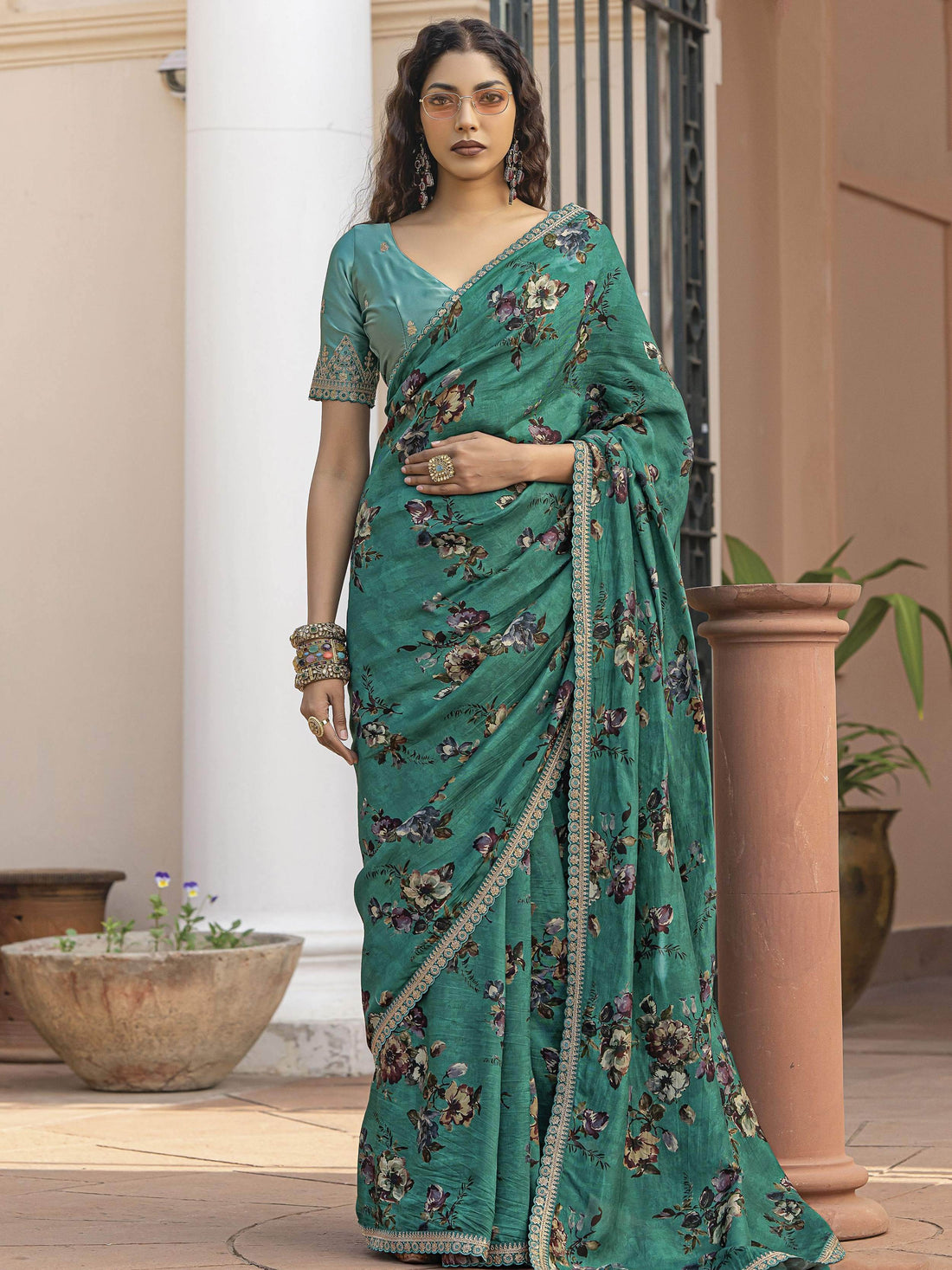 Charming Green Floral Printed Silk Traditional Saree With Blouse - Zeel Clothing