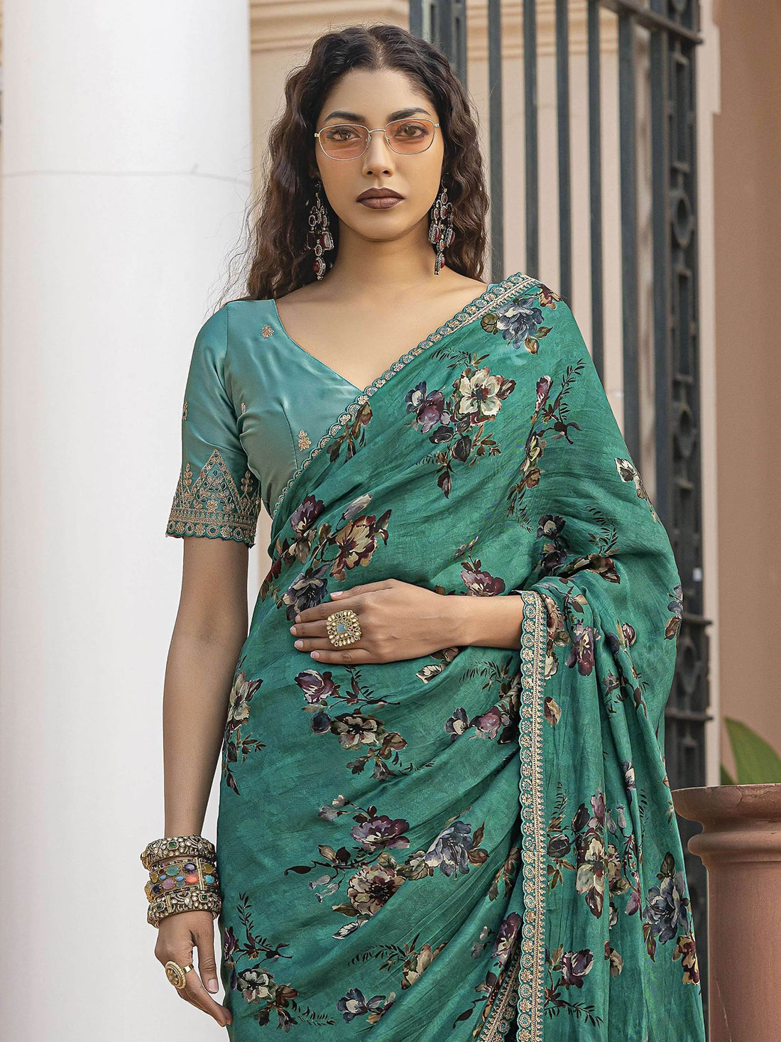Charming Green Floral Printed Silk Traditional Saree With Blouse - Zeel Clothing