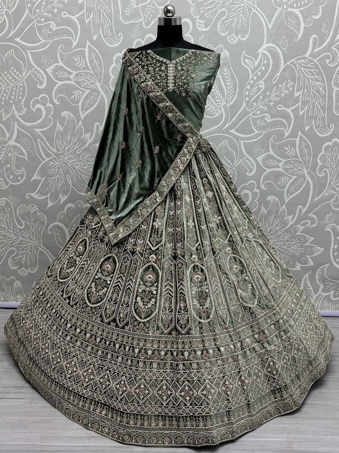 Charming Green Velvet Bridal Lehenga Choli With Double Dupatta - Zeel Clothing