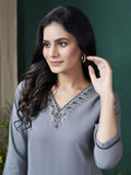 Charming Grey Embroidered Cotton Event Wear Kurti With Pant - Zeel Clothing