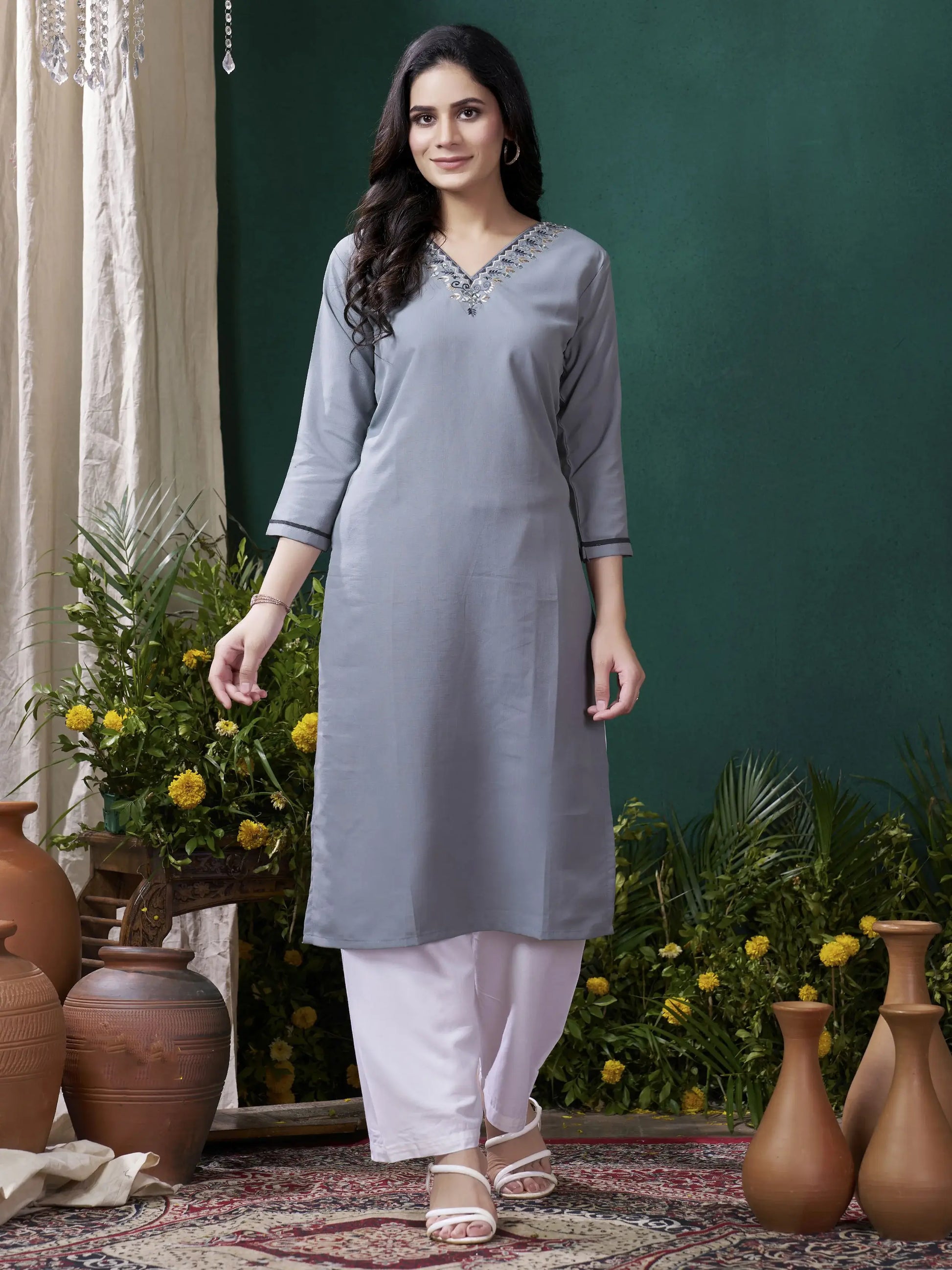 Charming Grey Embroidered Cotton Event Wear Kurti With Pant - Zeel Clothing