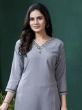 Charming Grey Embroidered Cotton Event Wear Kurti With Pant - Zeel Clothing