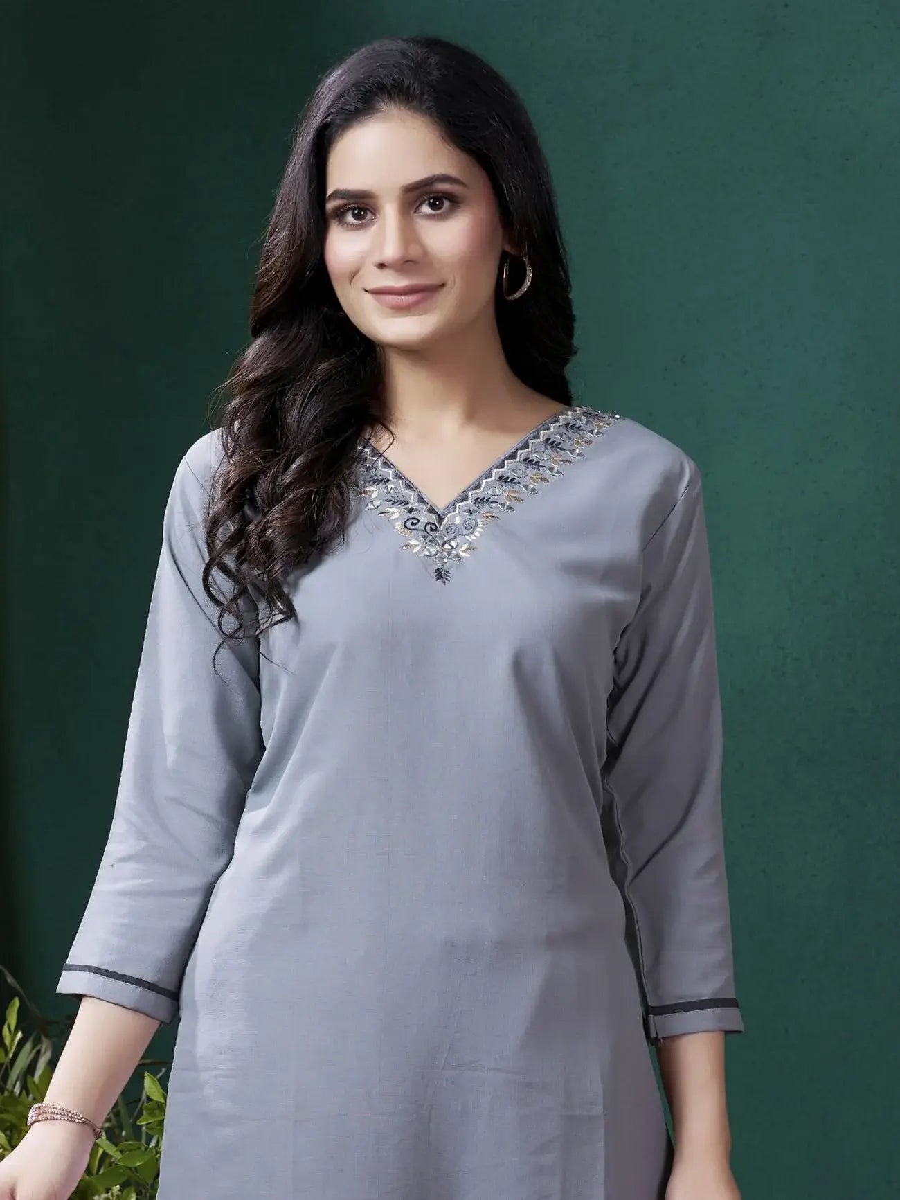 Charming Grey Embroidered Cotton Event Wear Kurti With Pant - Zeel Clothing