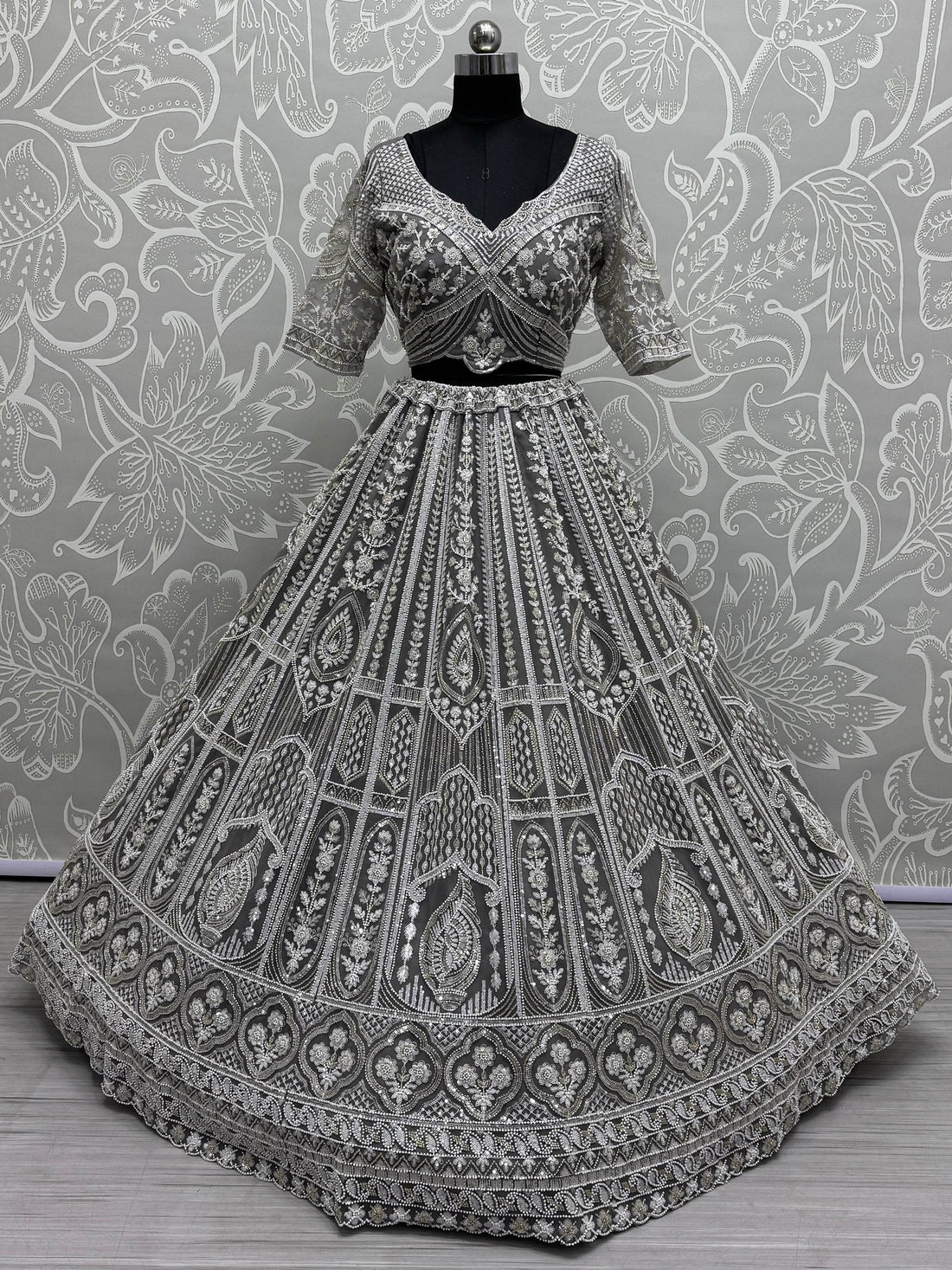 Charming Grey Embroidered Net Bridesmaid Lehenga Choli With Dupatta - Zeel Clothing