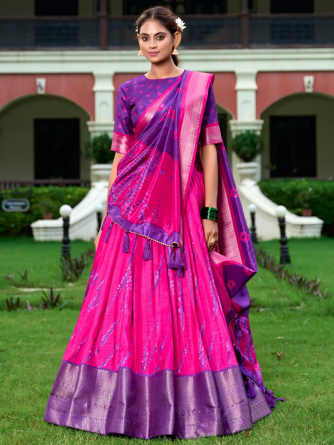 Charming Pink Shibori Printed Silk Lehenga Choli With Dupatta - Zeel Clothing