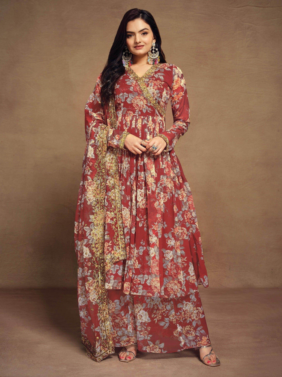 Charming Red Floral Printed Chiffon Festival Wear Palazzo Suit - Zeel Clothing
