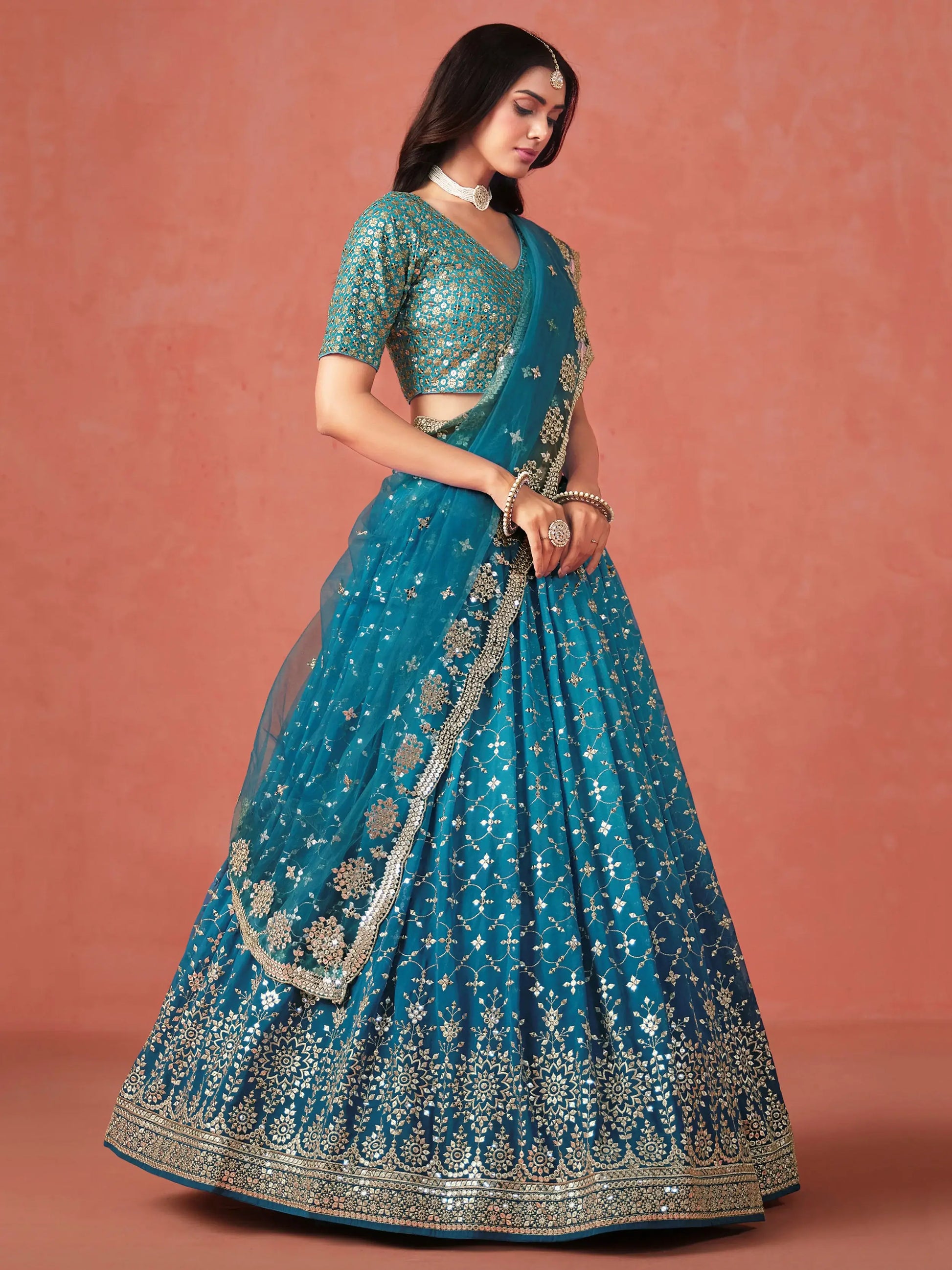 Charming Teal Blue Sequins Work Georgette Lehenga Choli - Zeel Clothing