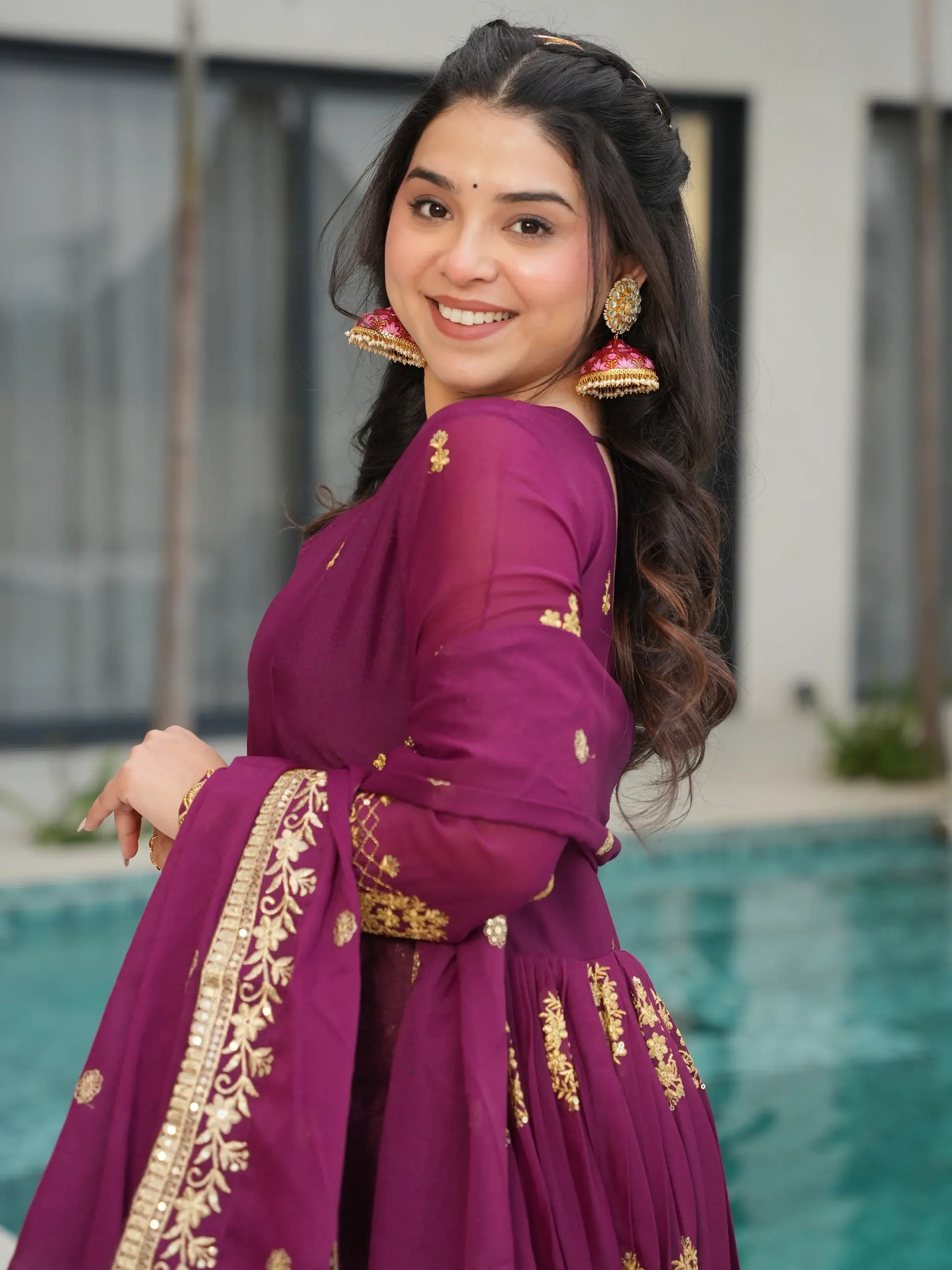 Charming Wine Zari Embroidery Georgette Gown With Dupatta - Zeel Clothing