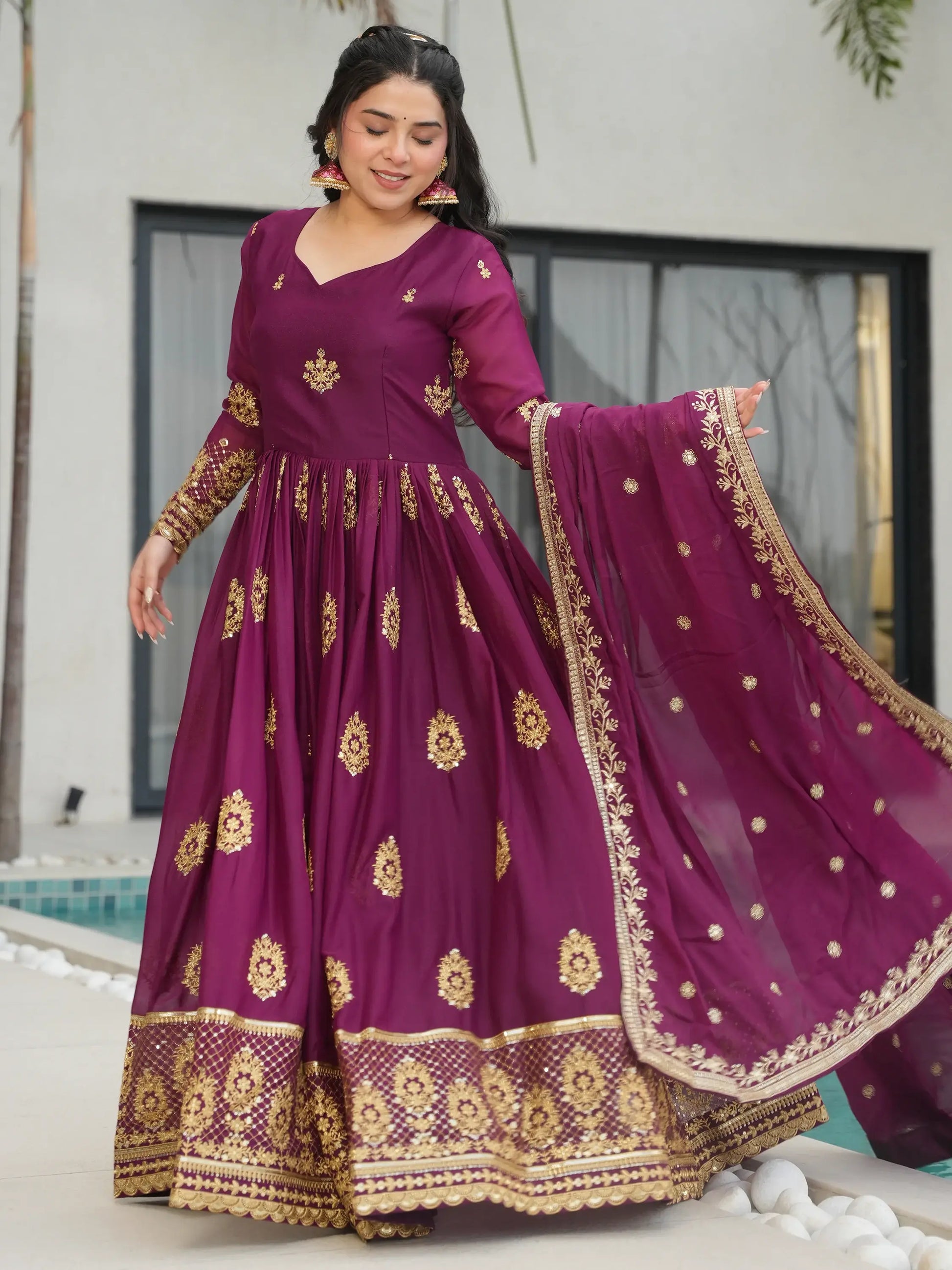 Charming Wine Zari Embroidery Georgette Gown With Dupatta - Zeel Clothing