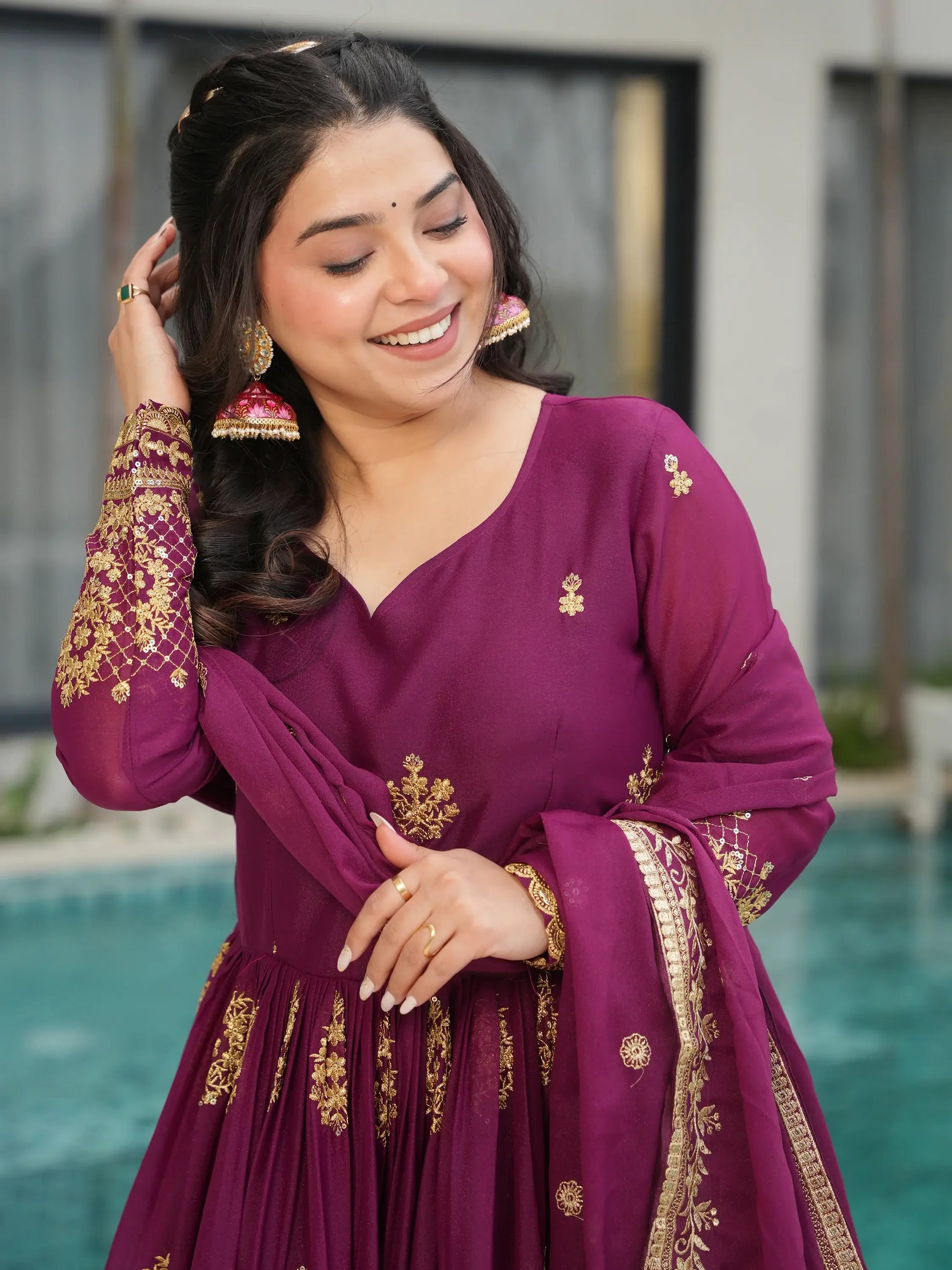 Charming Wine Zari Embroidery Georgette Gown With Dupatta - Zeel Clothing