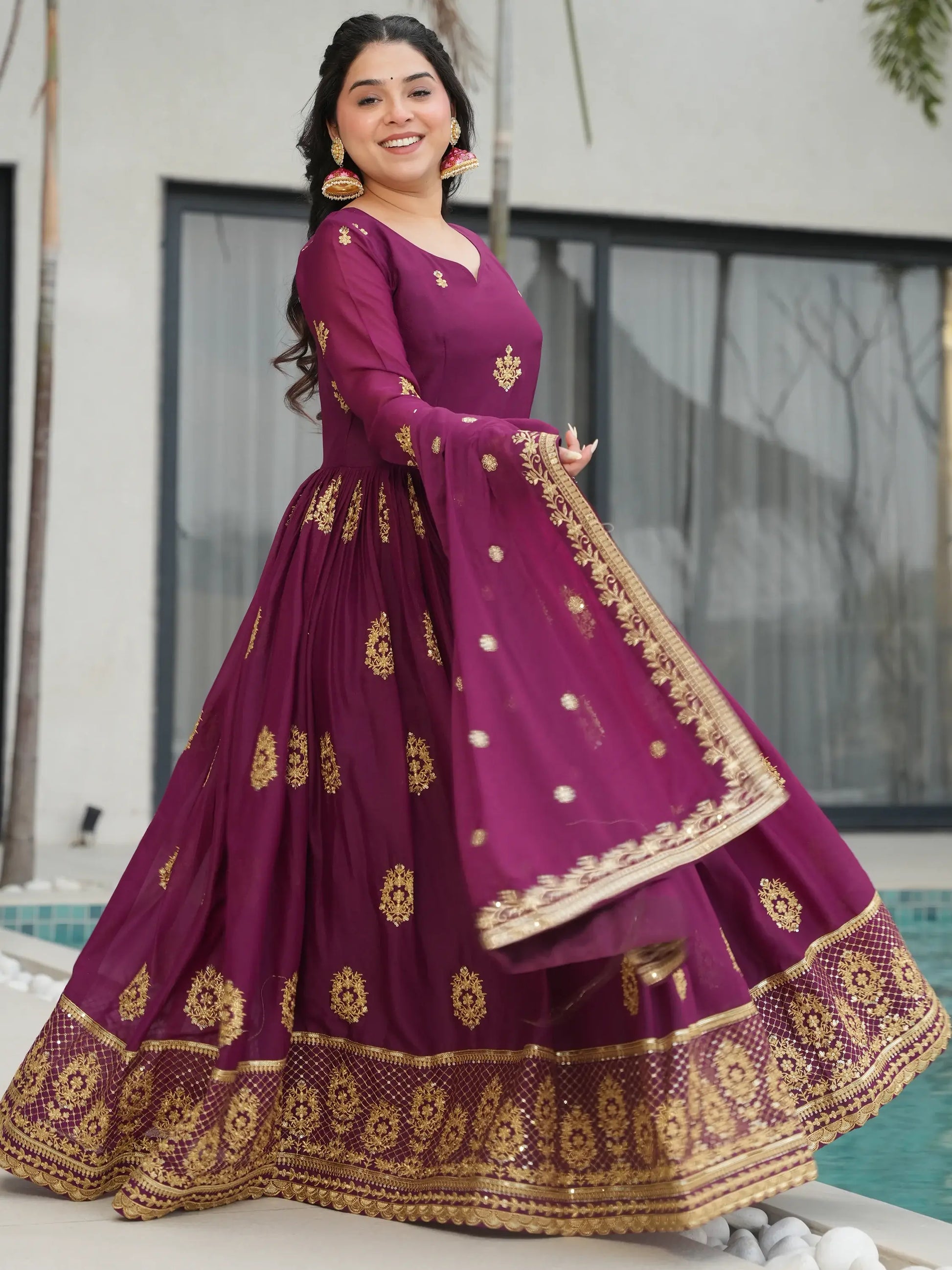 Charming Wine Zari Embroidery Georgette Gown With Dupatta - Zeel Clothing