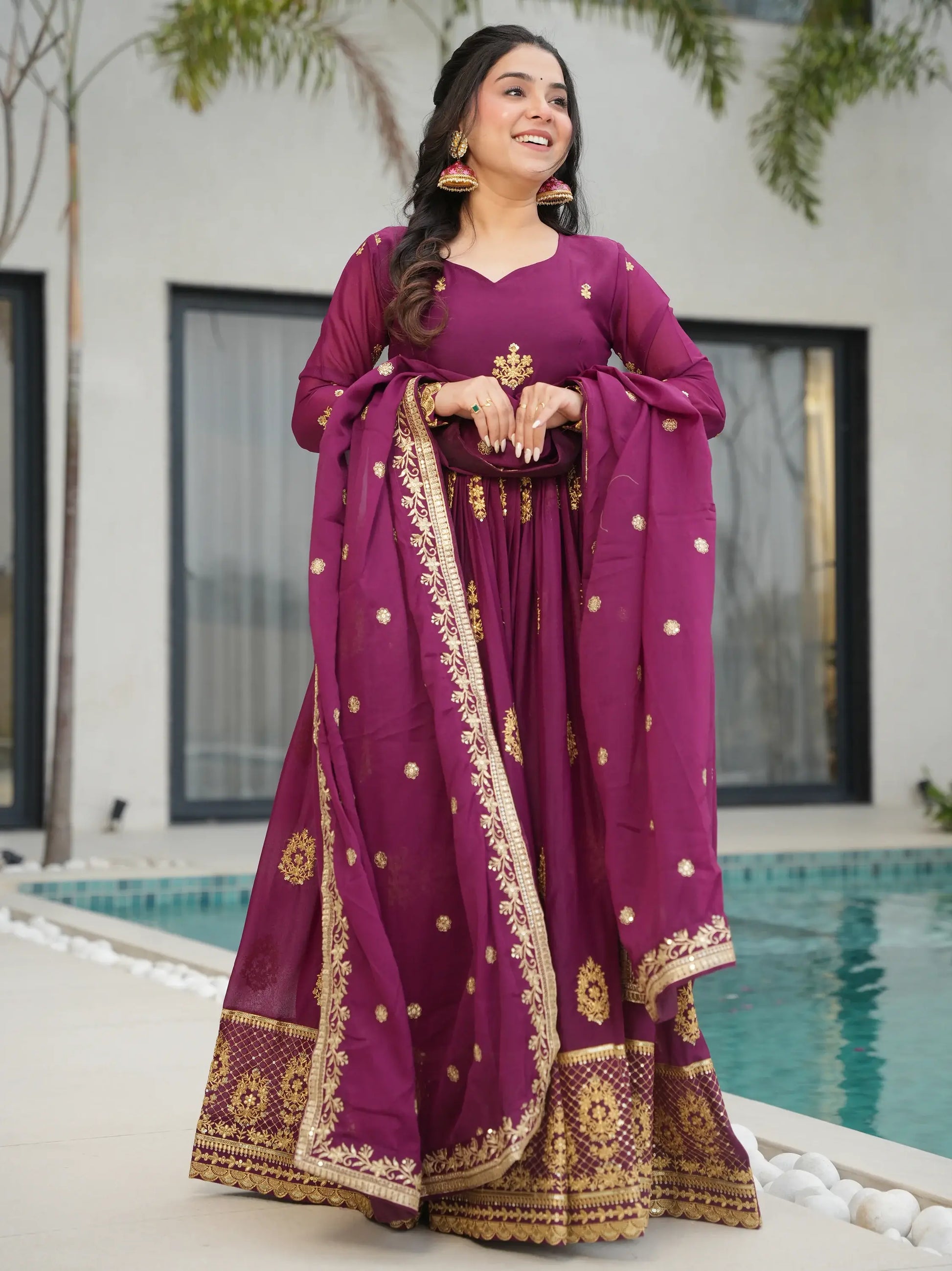 Charming Wine Zari Embroidery Georgette Gown With Dupatta - Zeel Clothing