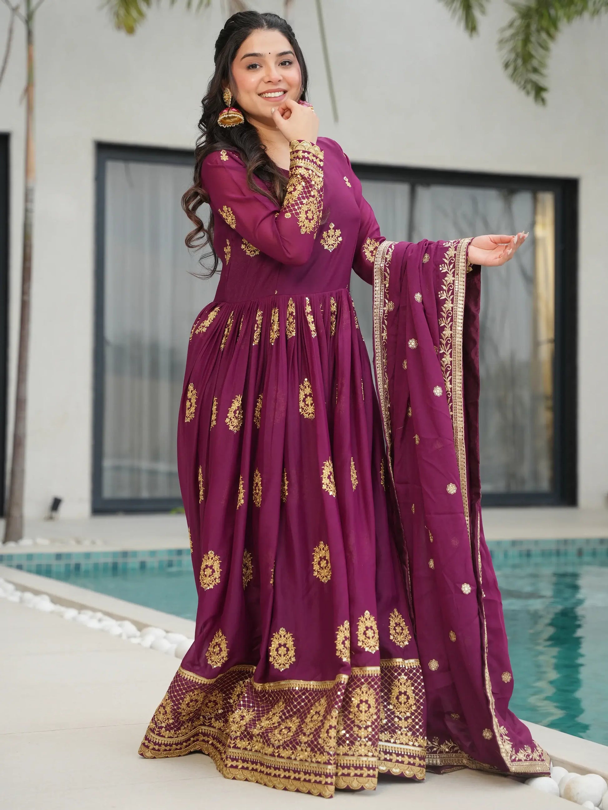 Charming Wine Zari Embroidery Georgette Gown With Dupatta - Zeel Clothing