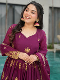 Charming Wine Zari Embroidery Georgette Gown With Dupatta - Zeel Clothing