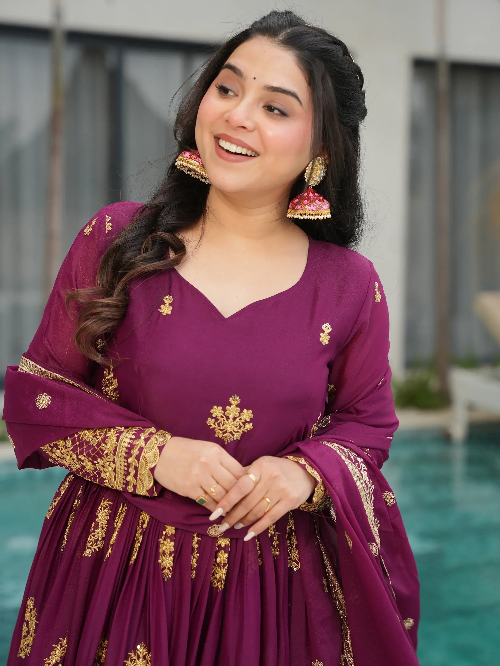 Charming Wine Zari Embroidery Georgette Gown With Dupatta - Zeel Clothing