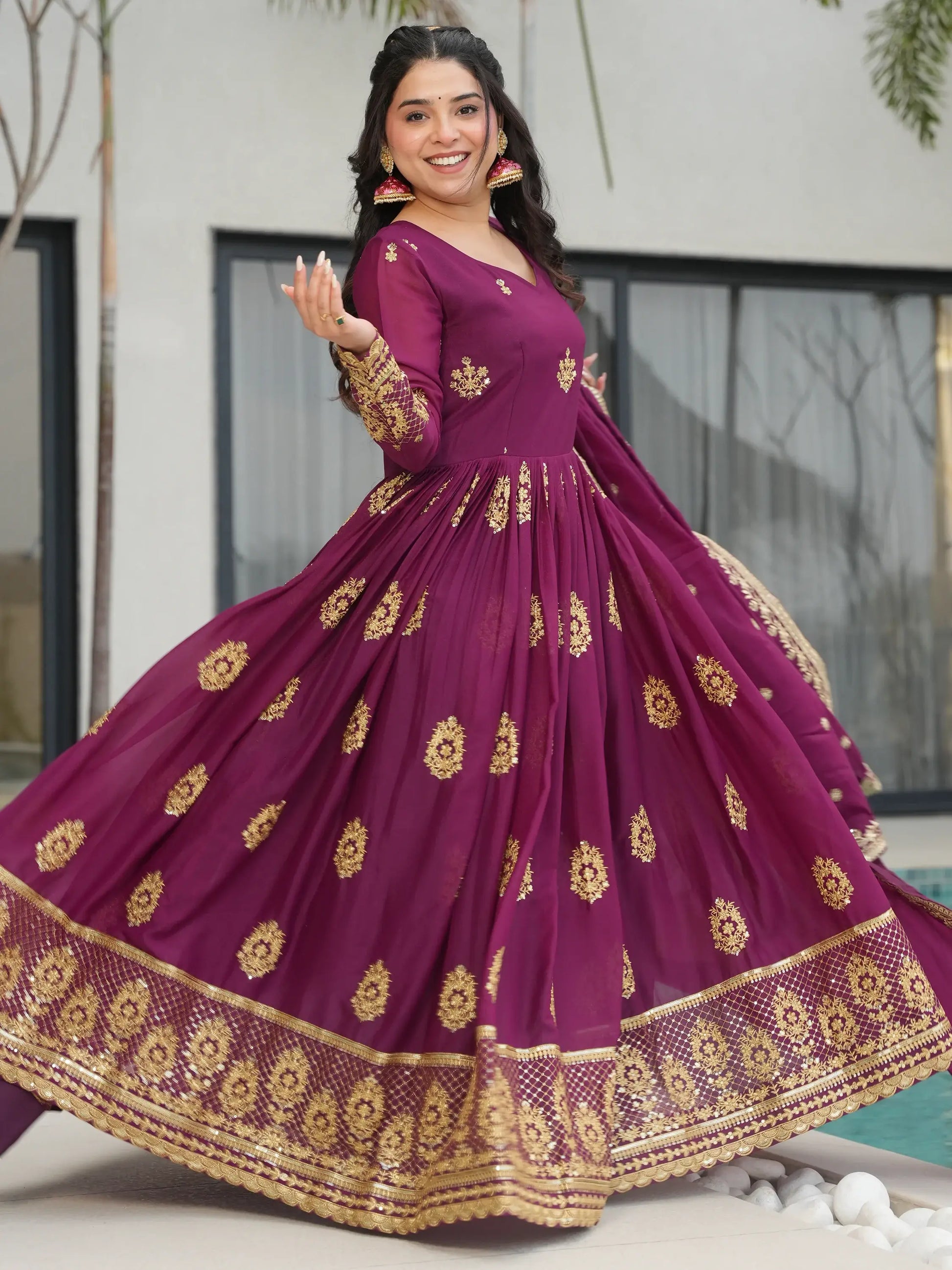 Charming Wine Zari Embroidery Georgette Gown With Dupatta - Zeel Clothing