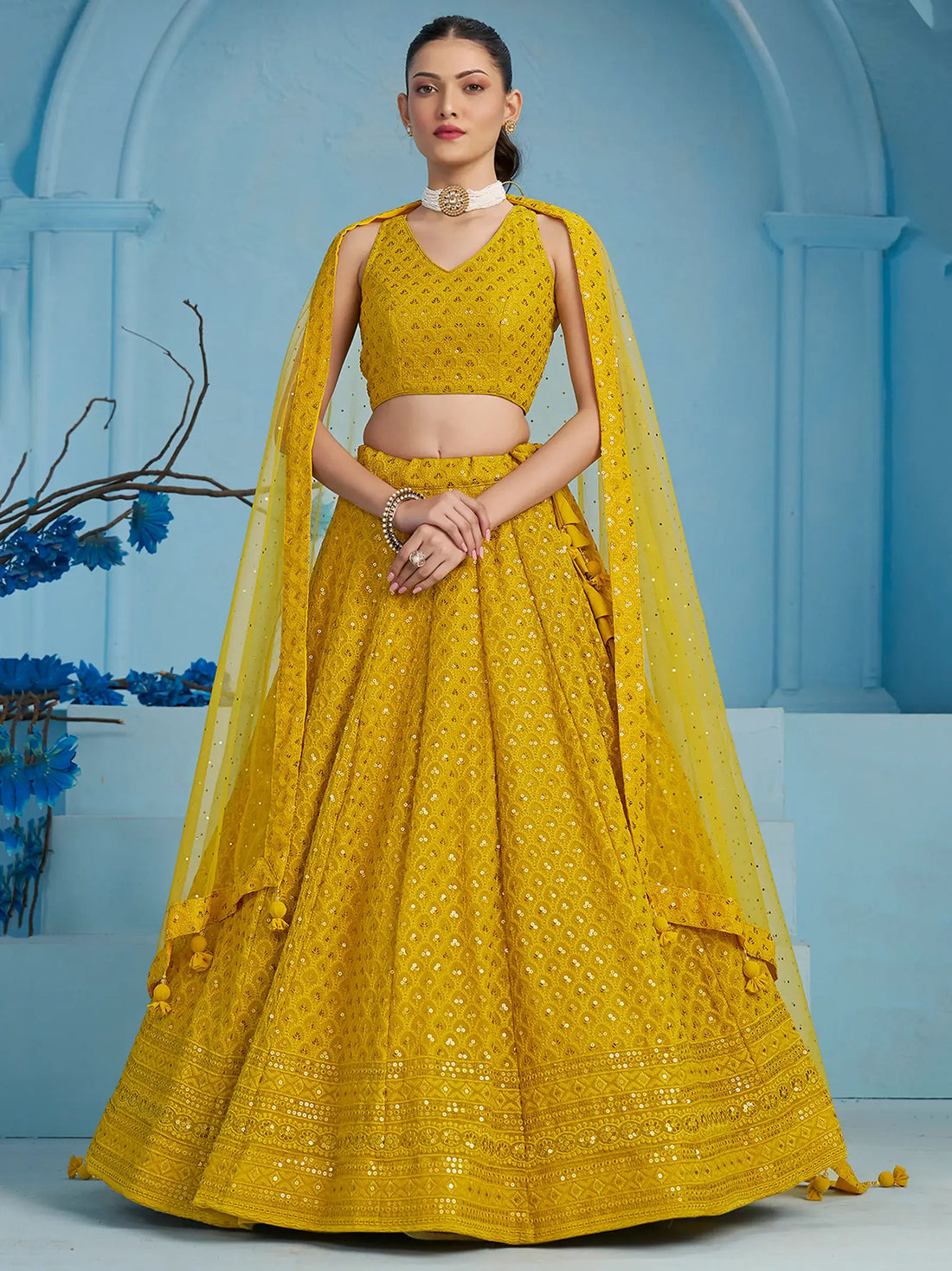 Charming Yellow Thread Work Georgette Festival Wear Lehenga Choli - Zeel Clothing