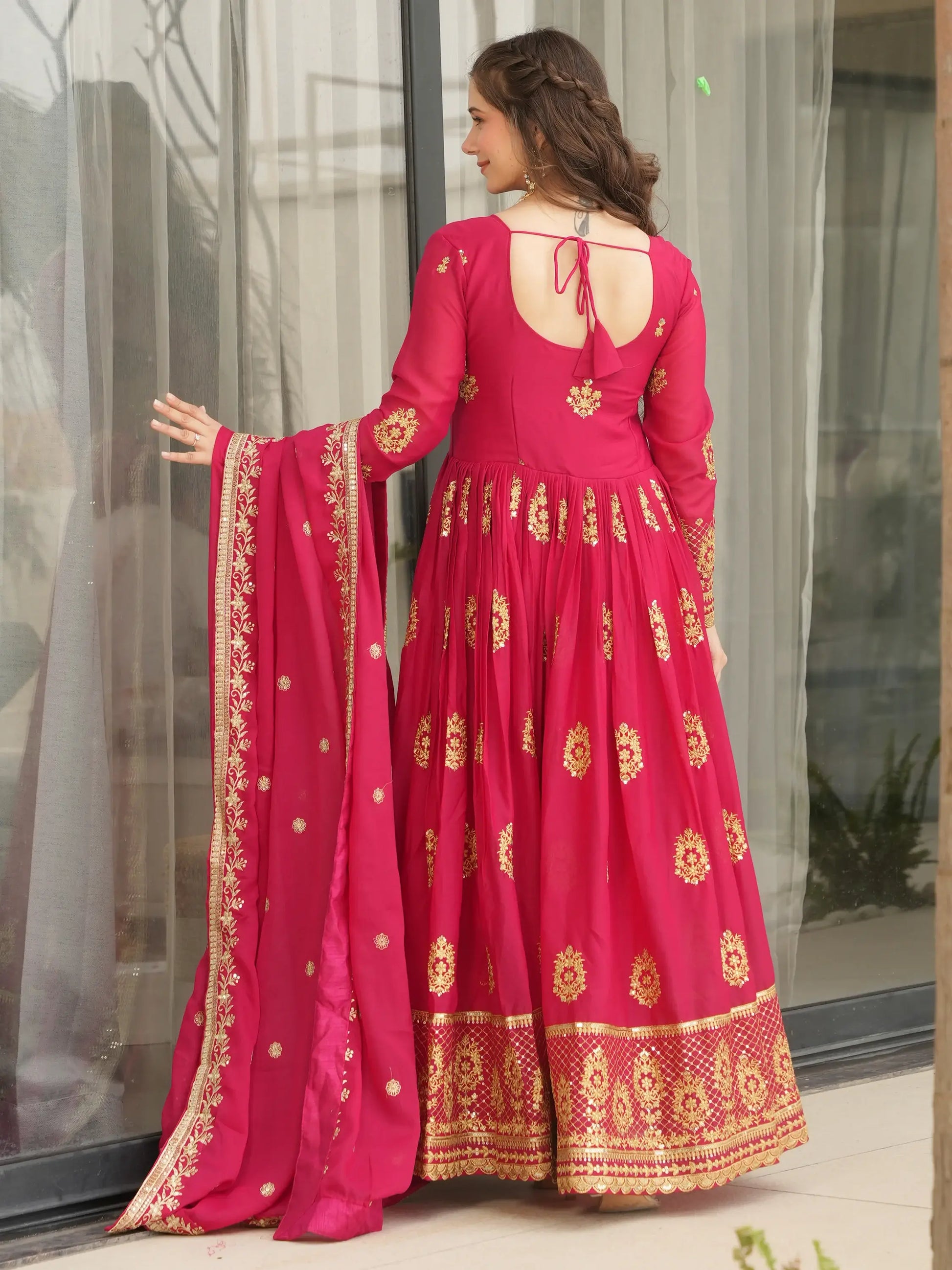 Classic Pink Zari Embroidered Georgette Event Wear Gown With Dupatta - Zeel Clothing