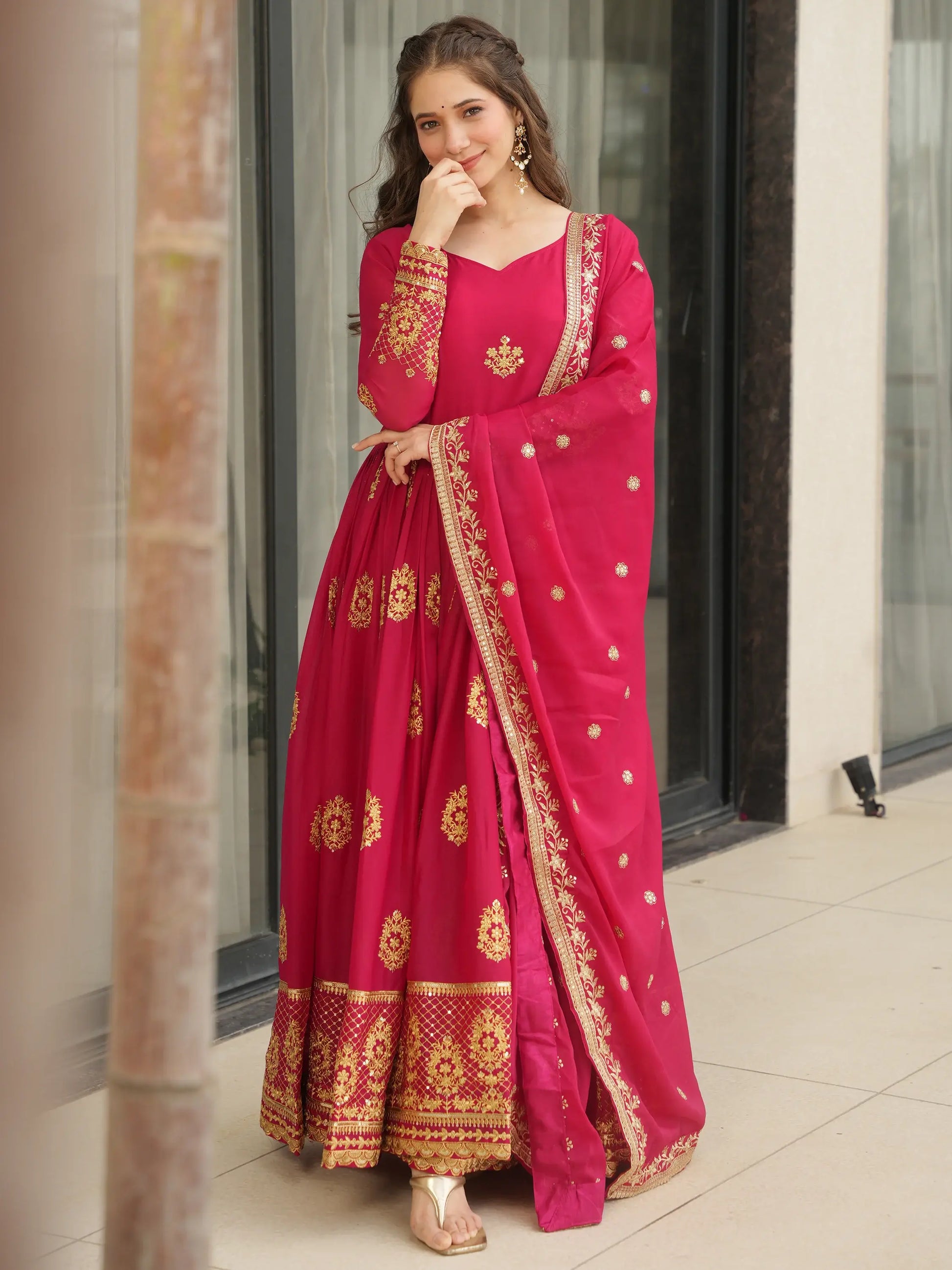 Classic Pink Zari Embroidered Georgette Event Wear Gown With Dupatta - Zeel Clothing