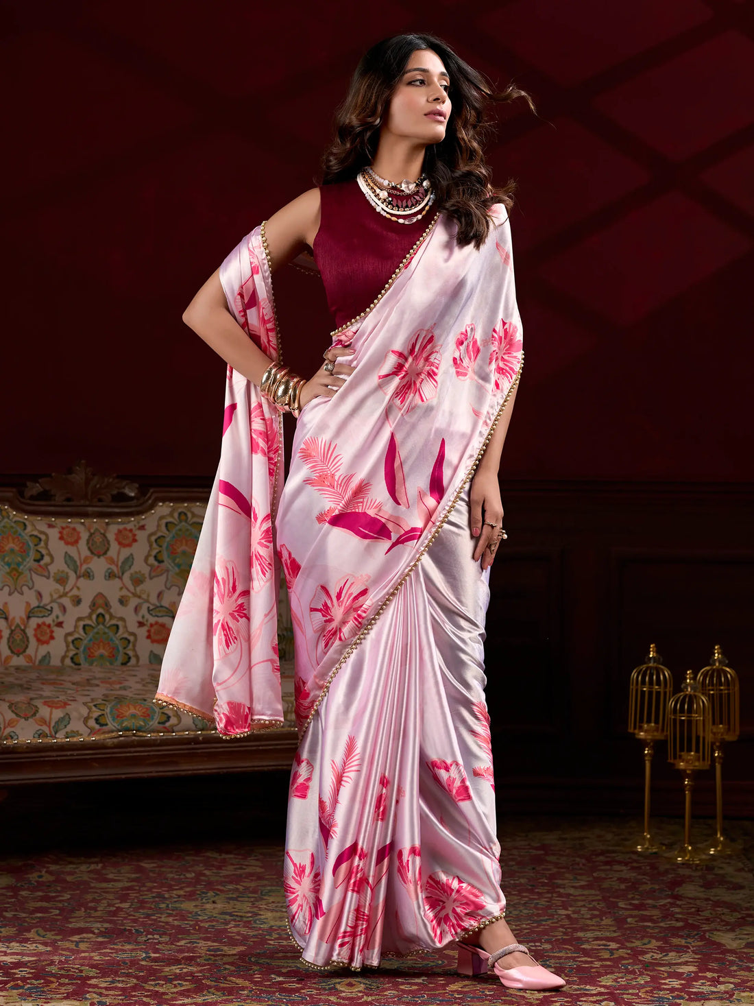 Classy Baby Pink Floral Printed Satin Event Wear Saree With Blouse - Zeel Clothing