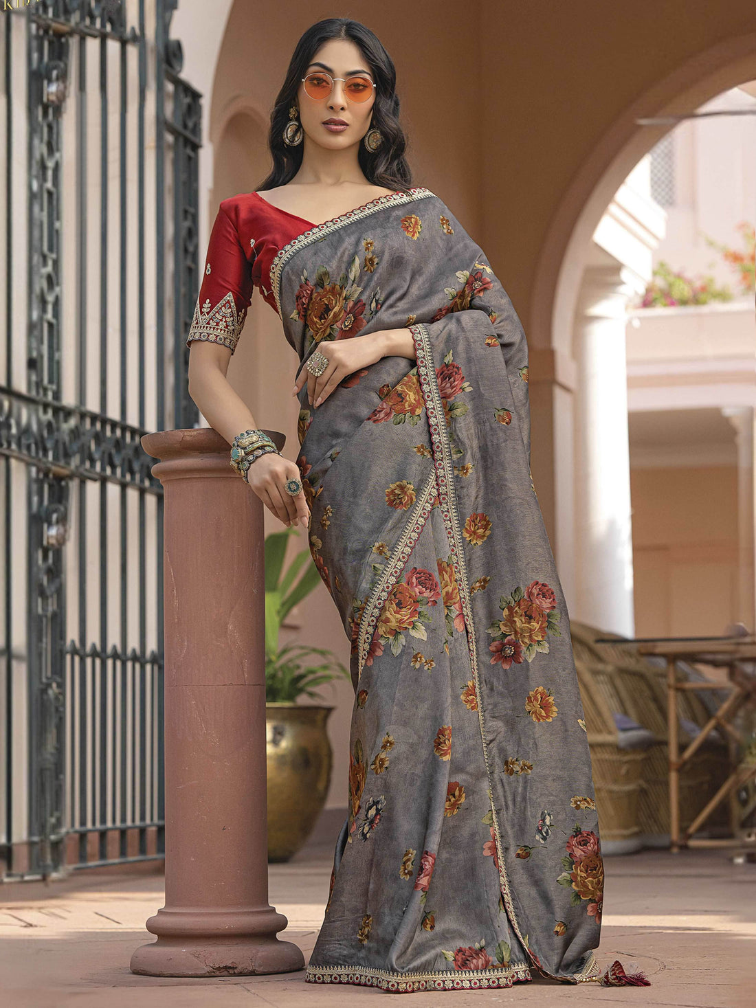 Classy Grey Floral Printed Silk Event Wear Saree With Blouse - Zeel Clothing