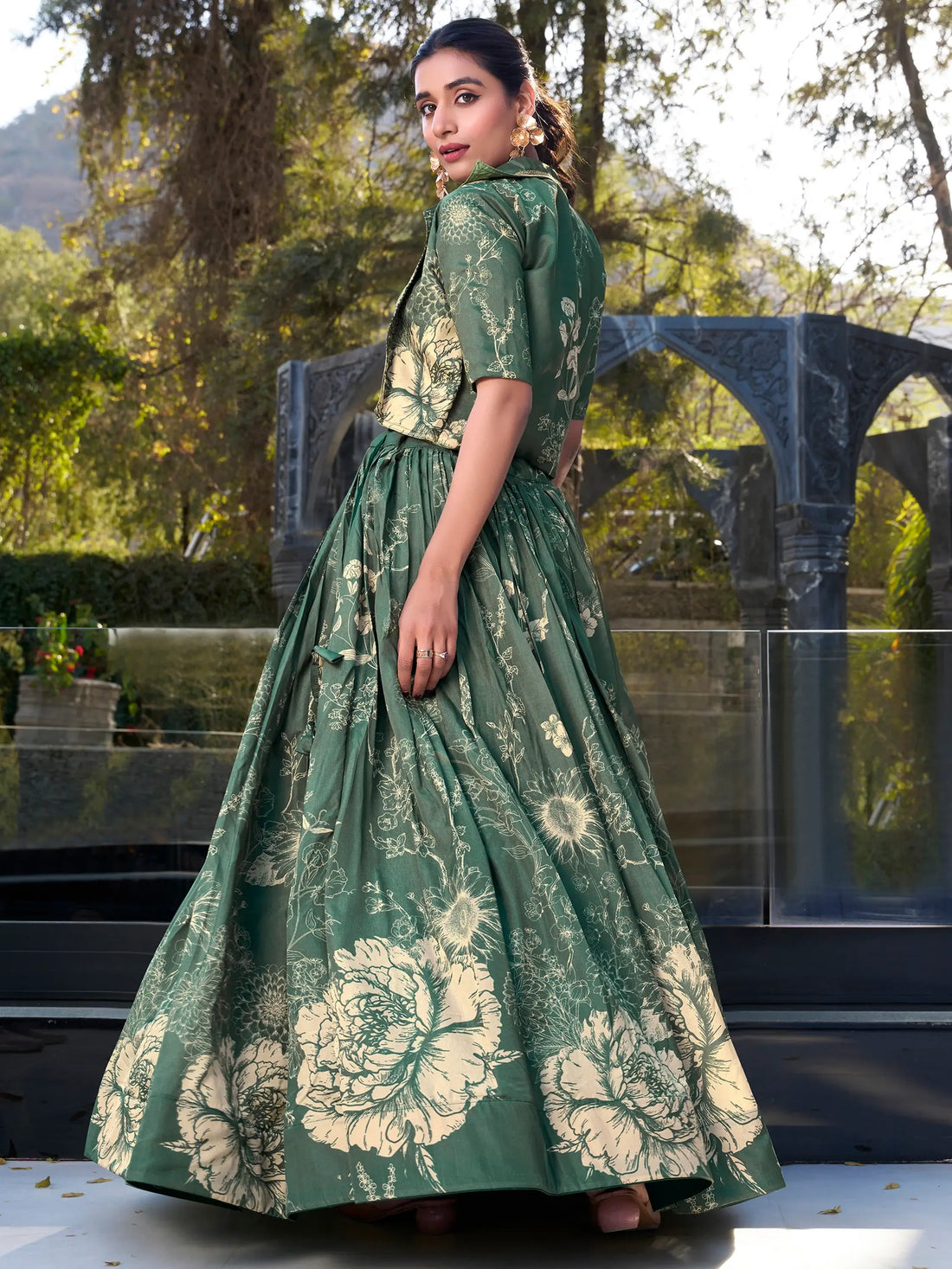 Dazzling Bottle Green Floral Printed Silk Crop Top Lehenga With Jacket - Zeel Clothing