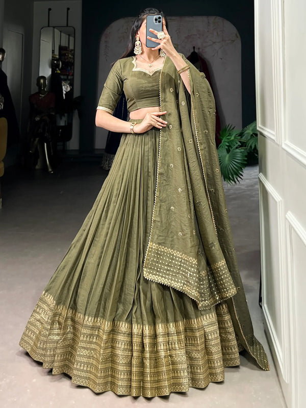 Dazzling Olive Green Chanderi Function Wear Lehenga Choli With Dupatta - Zeel Clothing