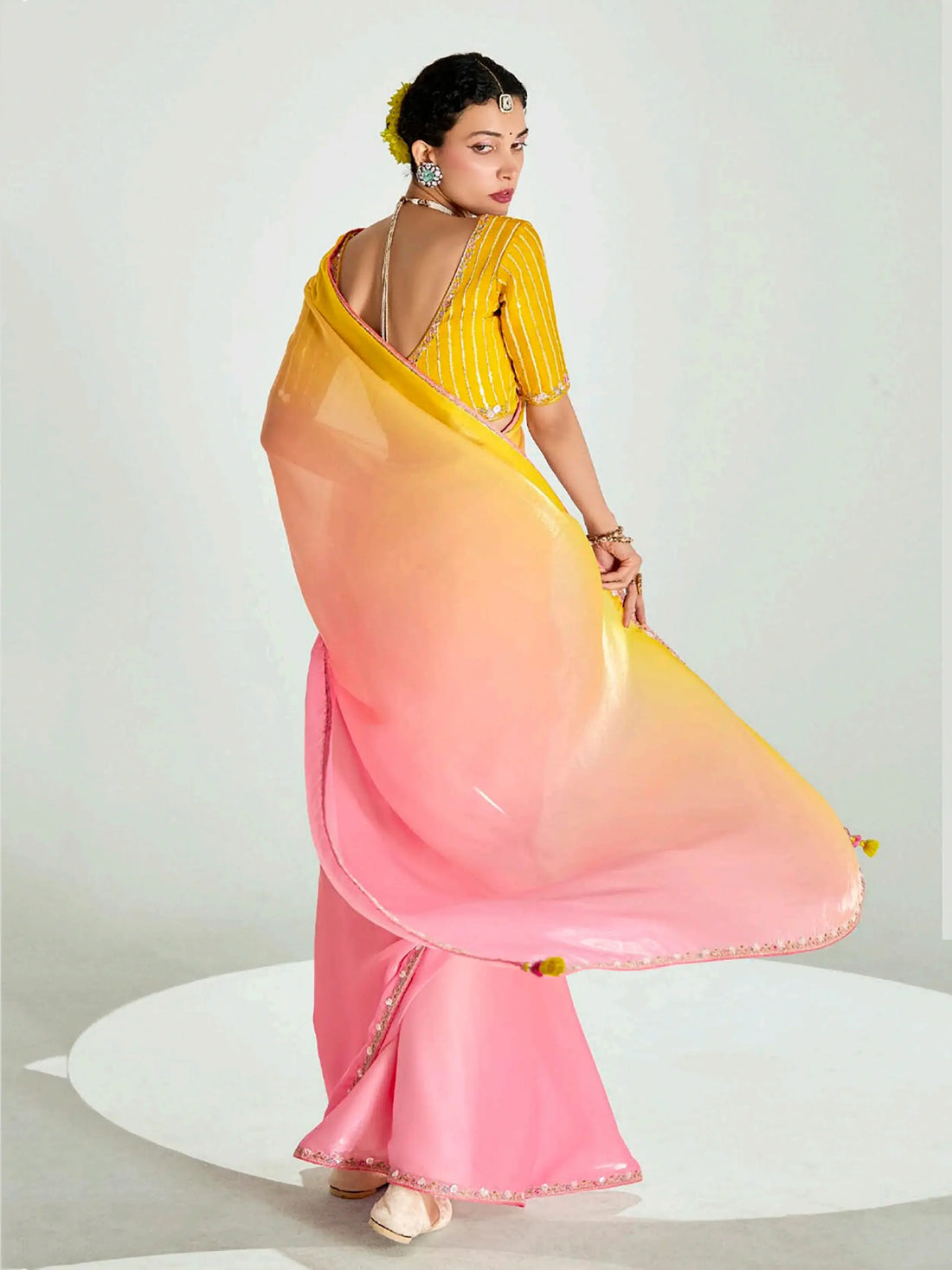 Dazzling Yellow Border Work Organza Haldi Wear Saree With Blouse - Zeel Clothing