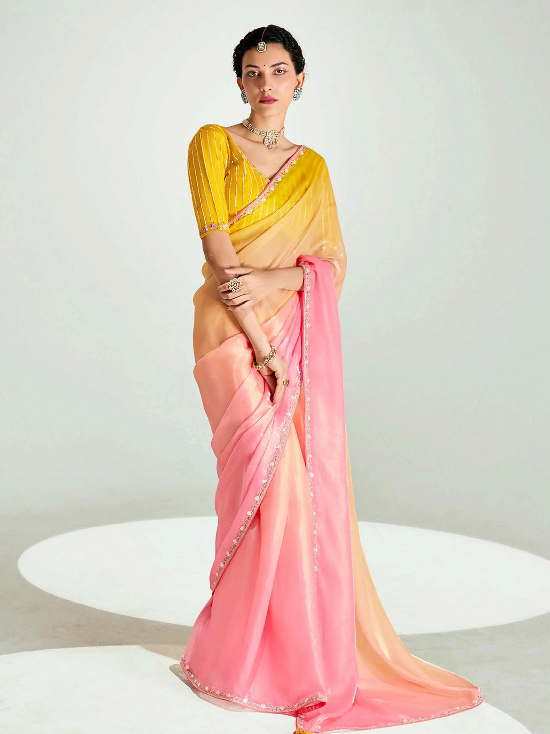 Dazzling Yellow Border Work Organza Haldi Wear Saree With Blouse - Zeel Clothing