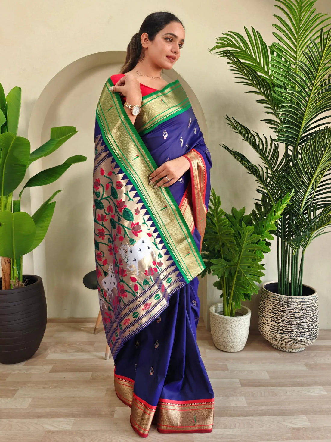 Delightful Navy Blue Pichwai Printed Silk Traditional Wear Saree With Blouse - Zeel Clothing