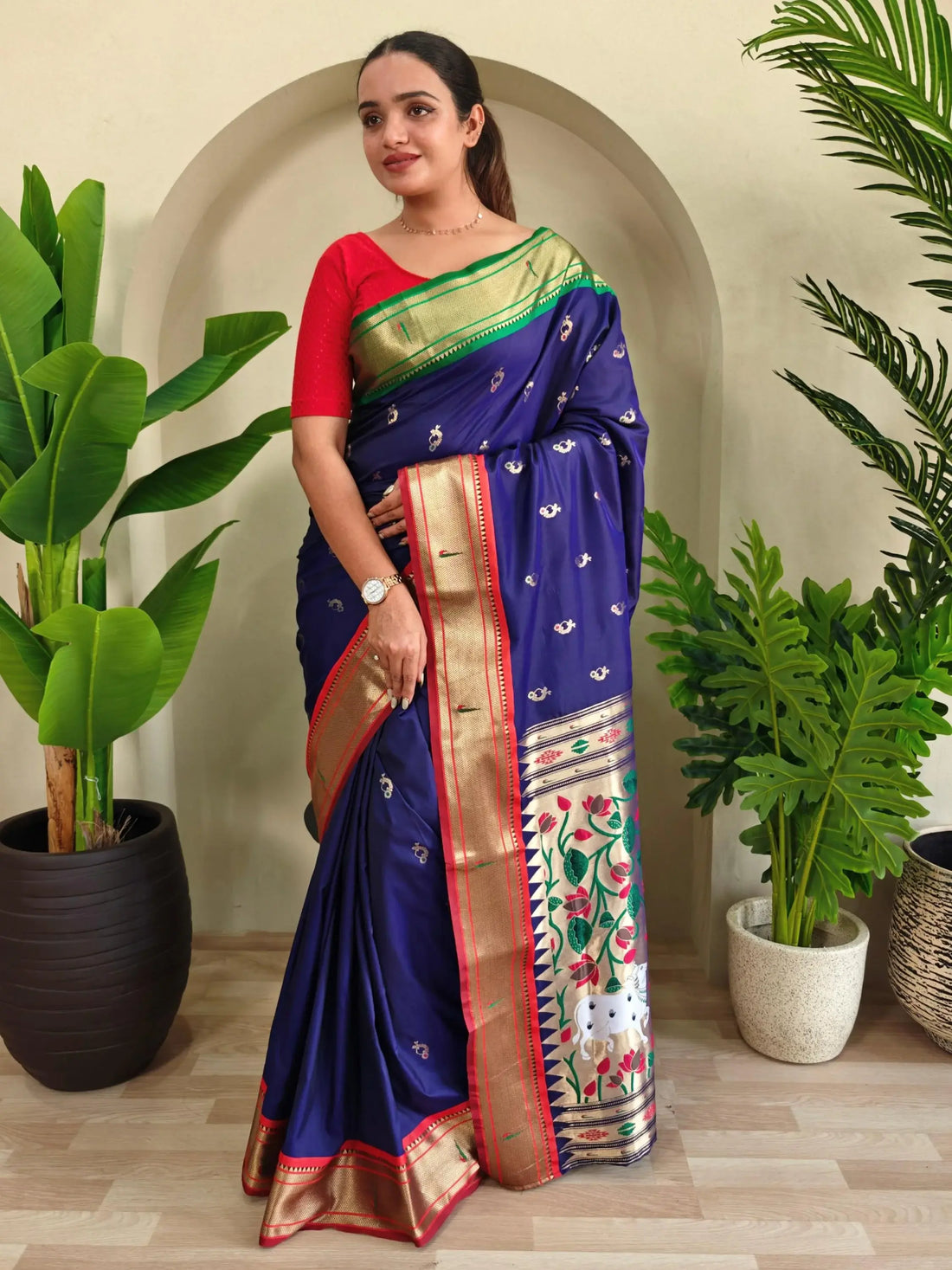 Delightful Navy Blue Pichwai Printed Silk Traditional Wear Saree With Blouse - Zeel Clothing