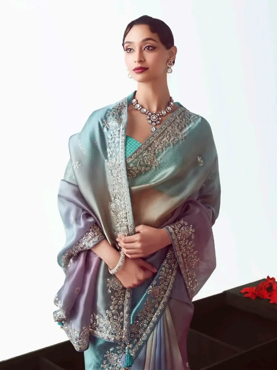 Delightful Sky Blue Zari Embroidered Organza Bridesmaid Saree With Blouse - Zeel Clothing