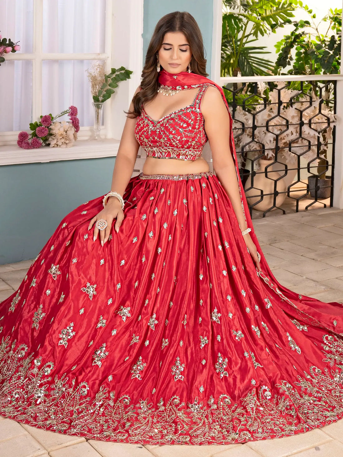 Dreamy Red Coding Work Chinon Reception Wear Lehenga Choli With Dupatta - Zeel Clothing