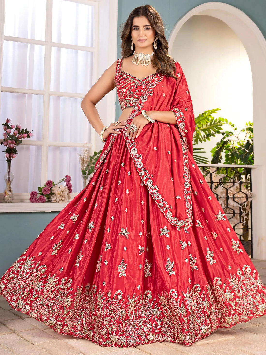 Dreamy Red Coding Work Chinon Reception Wear Lehenga Choli With Dupatta - Zeel Clothing