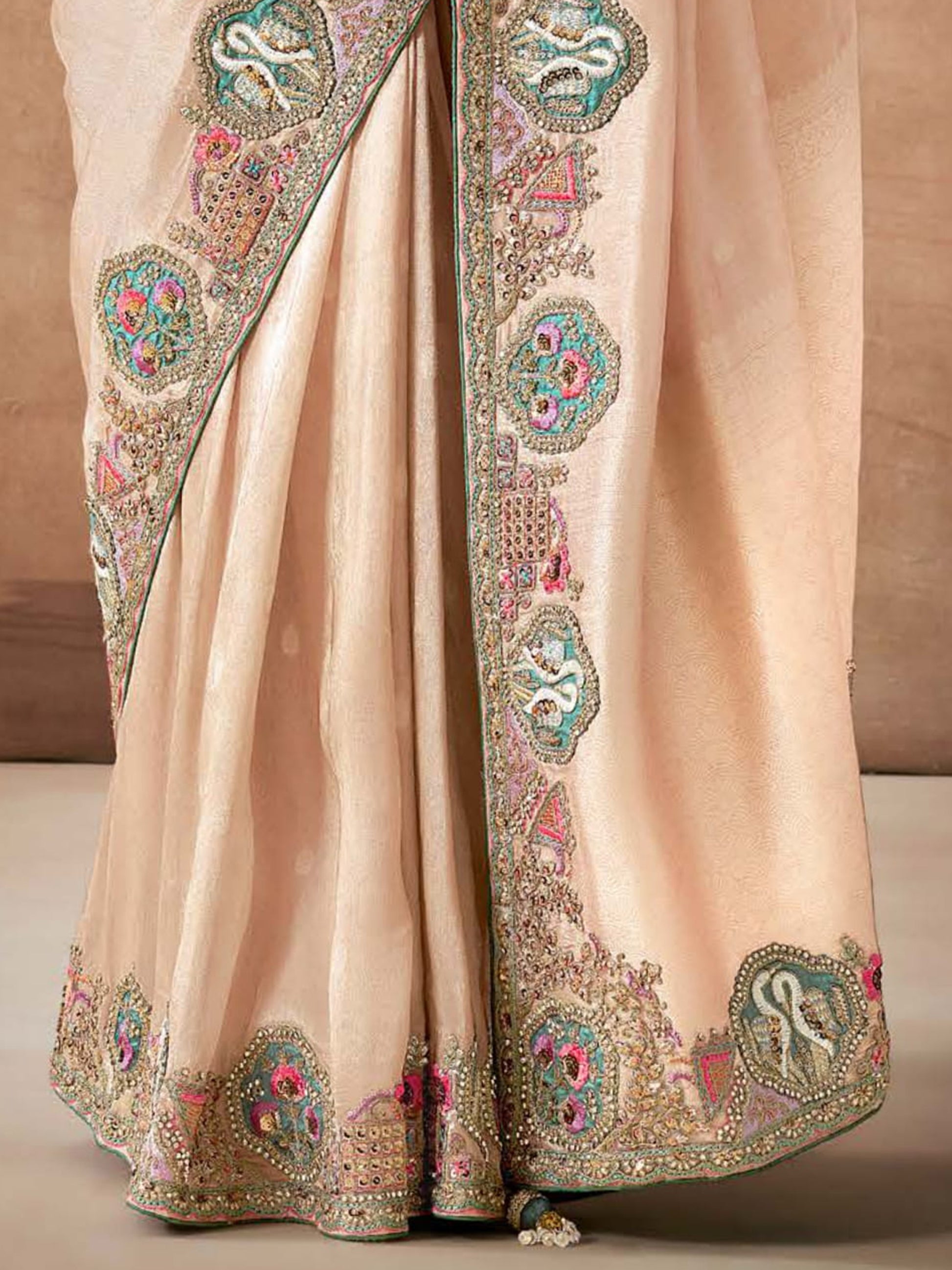 Precious Cream Heavy Border Work Silk Event Wear Saree With Blouse