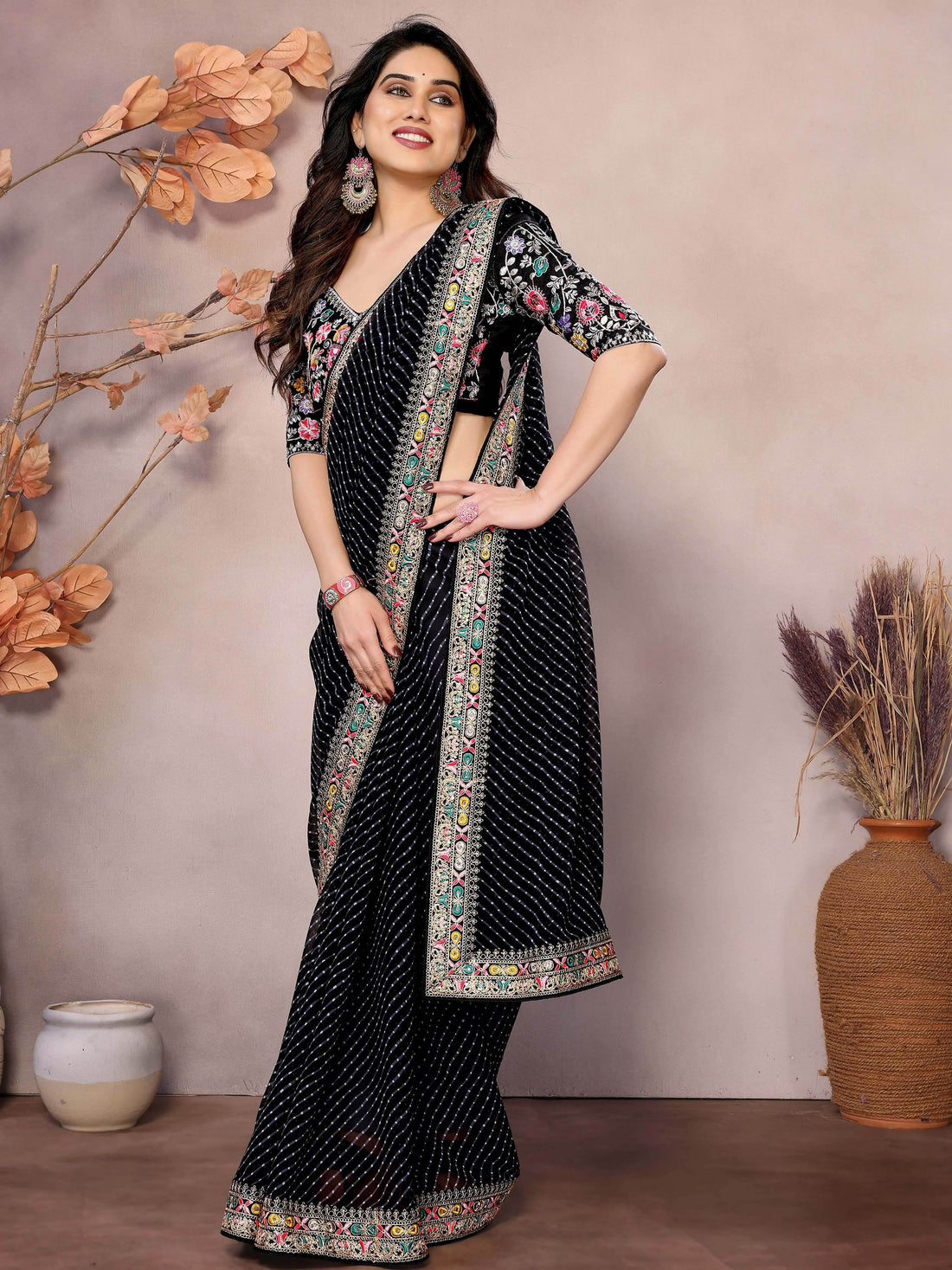Elegant Black Zari Embroidery Georgette Function Wear Saree With Blouse - Zeel Clothing
