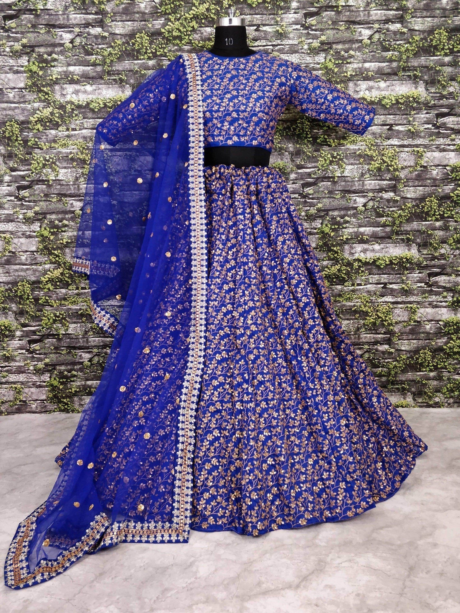 Elegant Blue Colored Designer Heavy Embroidered Raw Silk Lehenga - Zeel Clothing