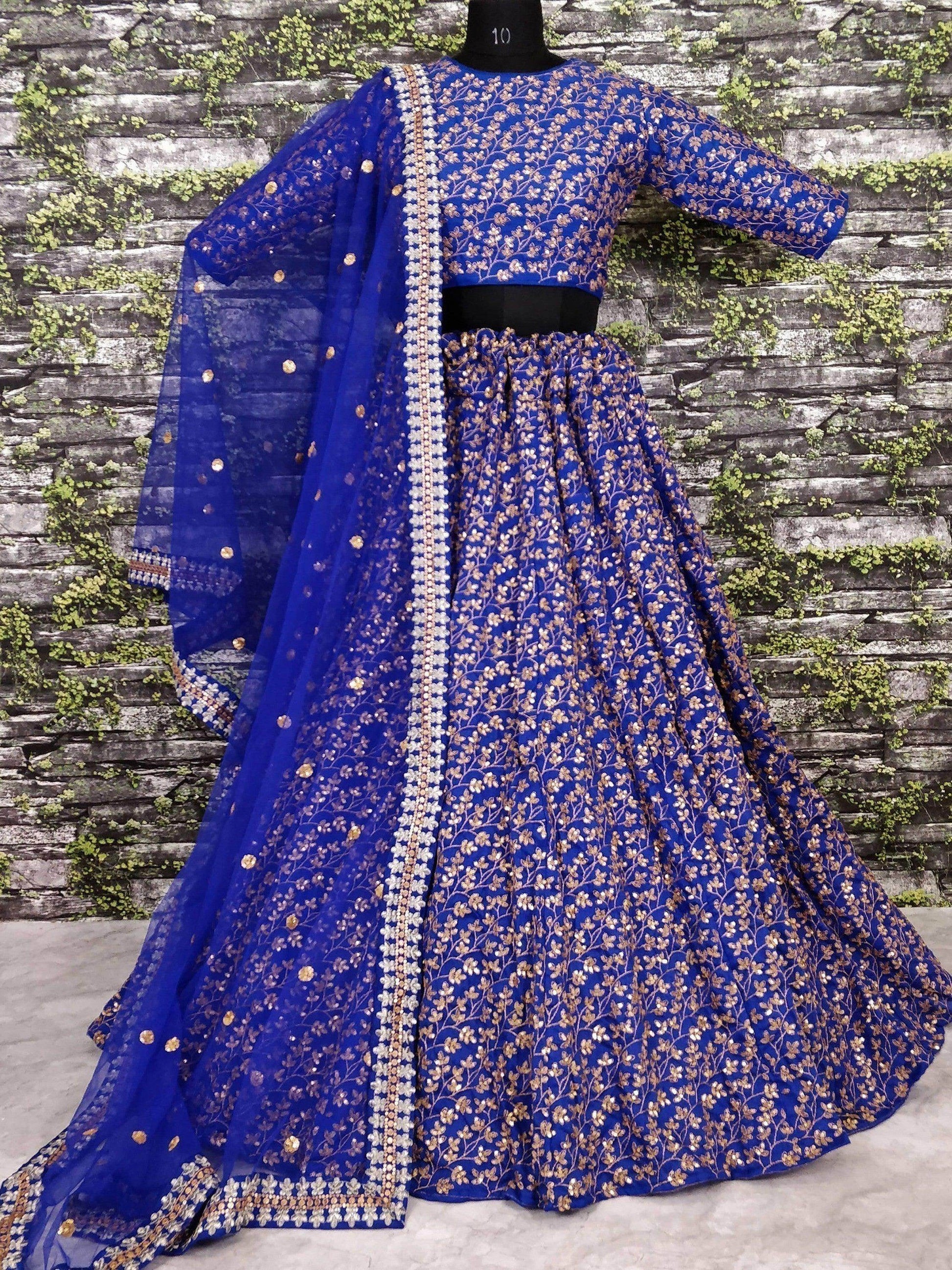 Elegant Blue Colored Designer Heavy Embroidered Raw Silk Lehenga - Zeel Clothing