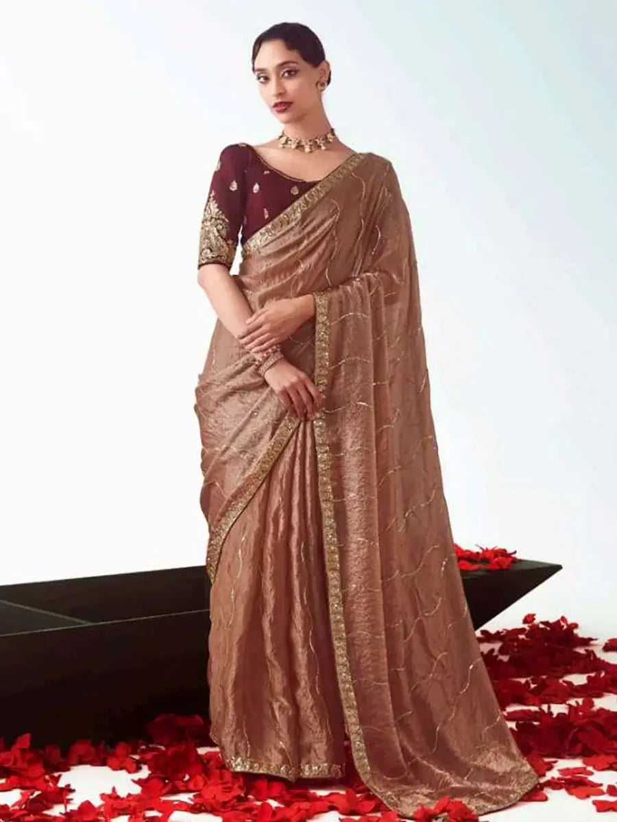Elegant Brown Embroidered Organza Wedding Wear Saree With Blouse - Zeel Clothing