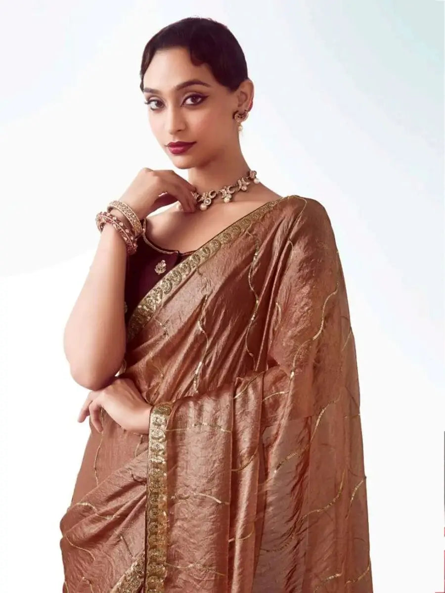 Elegant Brown Embroidered Organza Wedding Wear Saree With Blouse - Zeel Clothing