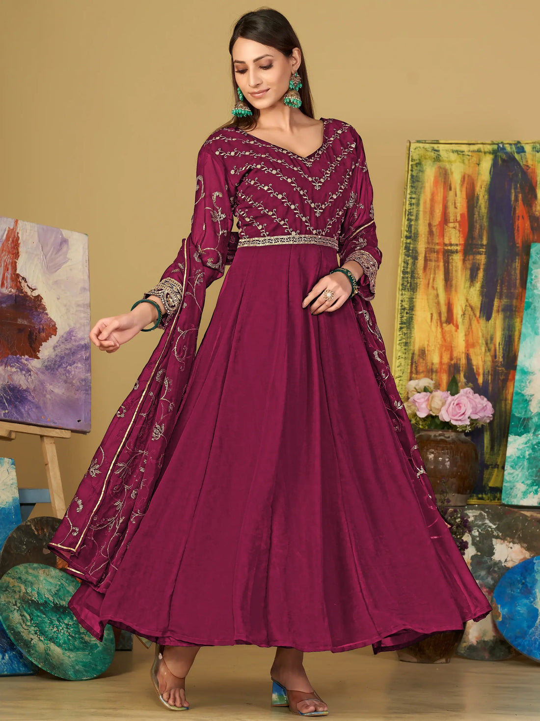 Elegant Dark Pink Sequins Georgette Reception Wear Anarkali Suit - Zeel Clothing