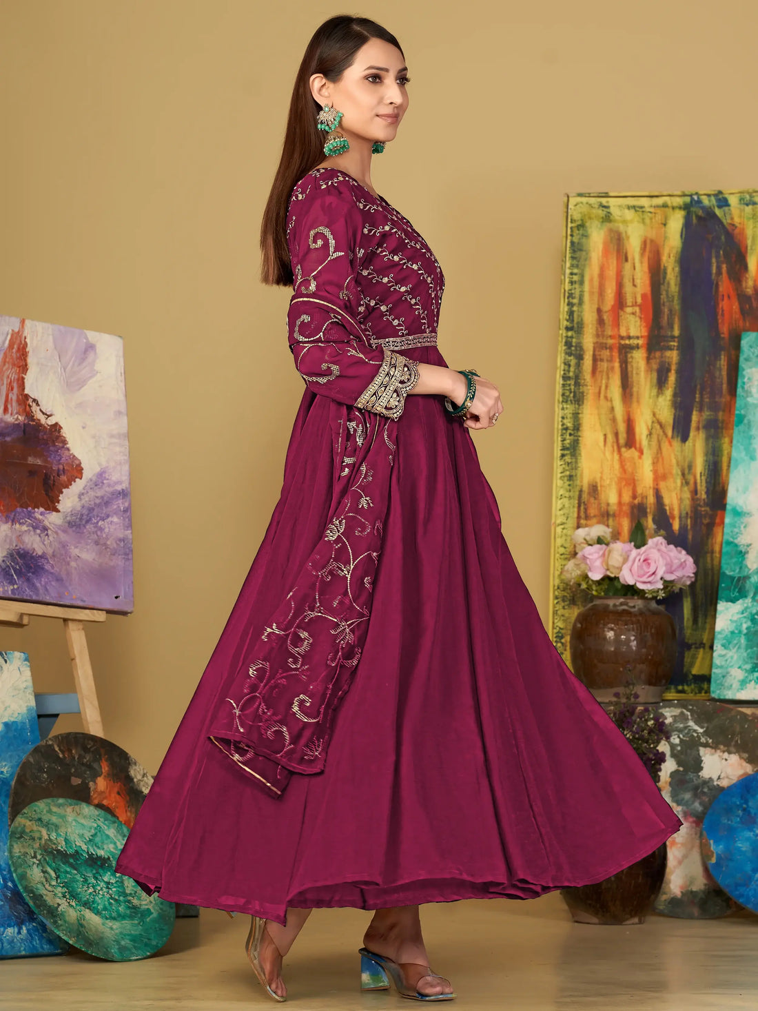 Elegant Dark Pink Sequins Georgette Reception Wear Anarkali Suit - Zeel Clothing