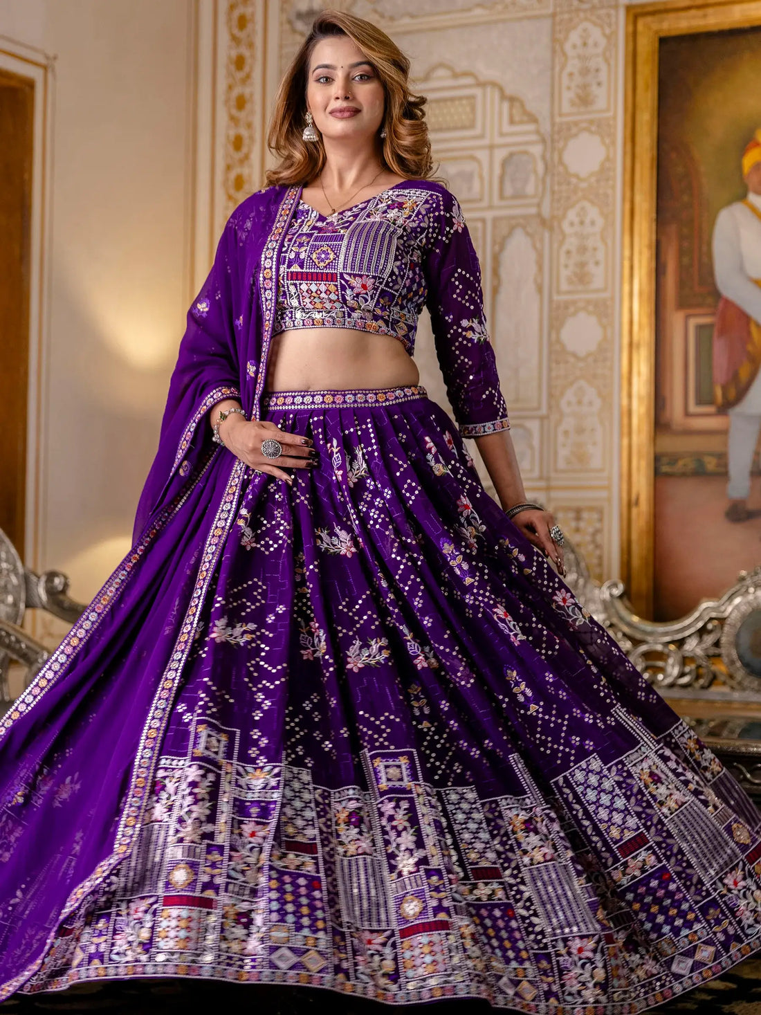 Elegant Purple Thread Work Georgette Lehenga Choli With Dupatta - Zeel Clothing