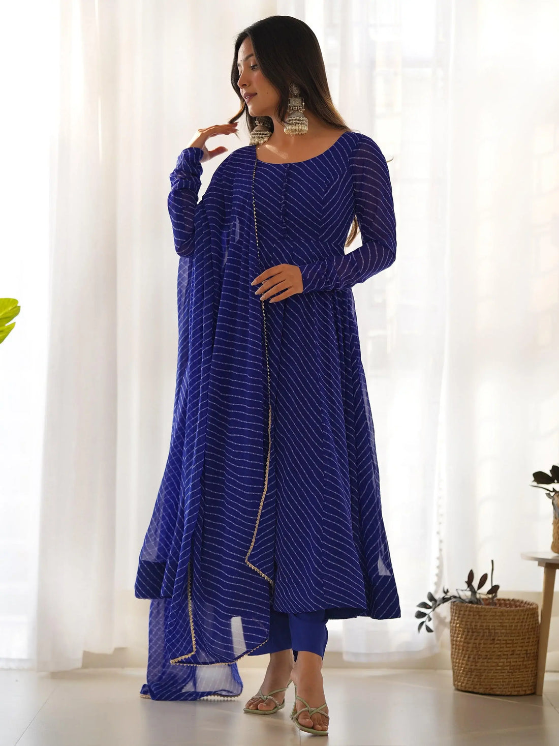 Enchanting Blue Laheriya Printed Georgette Event Wear Anarkali Suit - Zeel Clothing