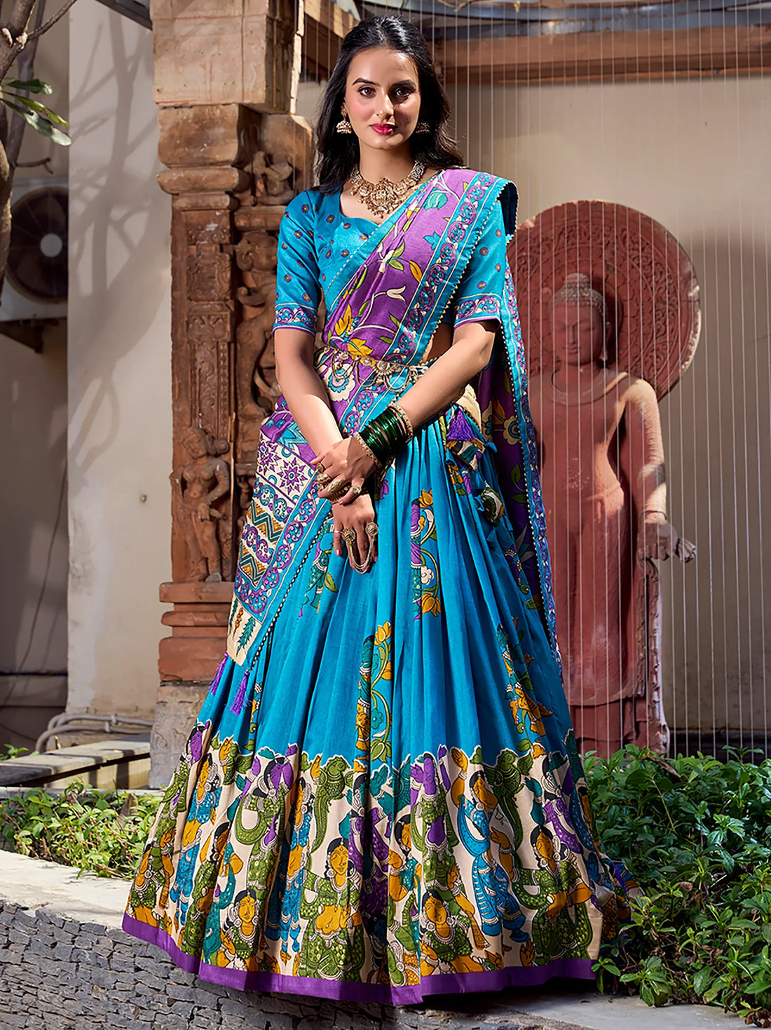 Enchanting Sky-Blue Kalamkari Printed Tussar Silk Lehenga Choli - Zeel Clothing