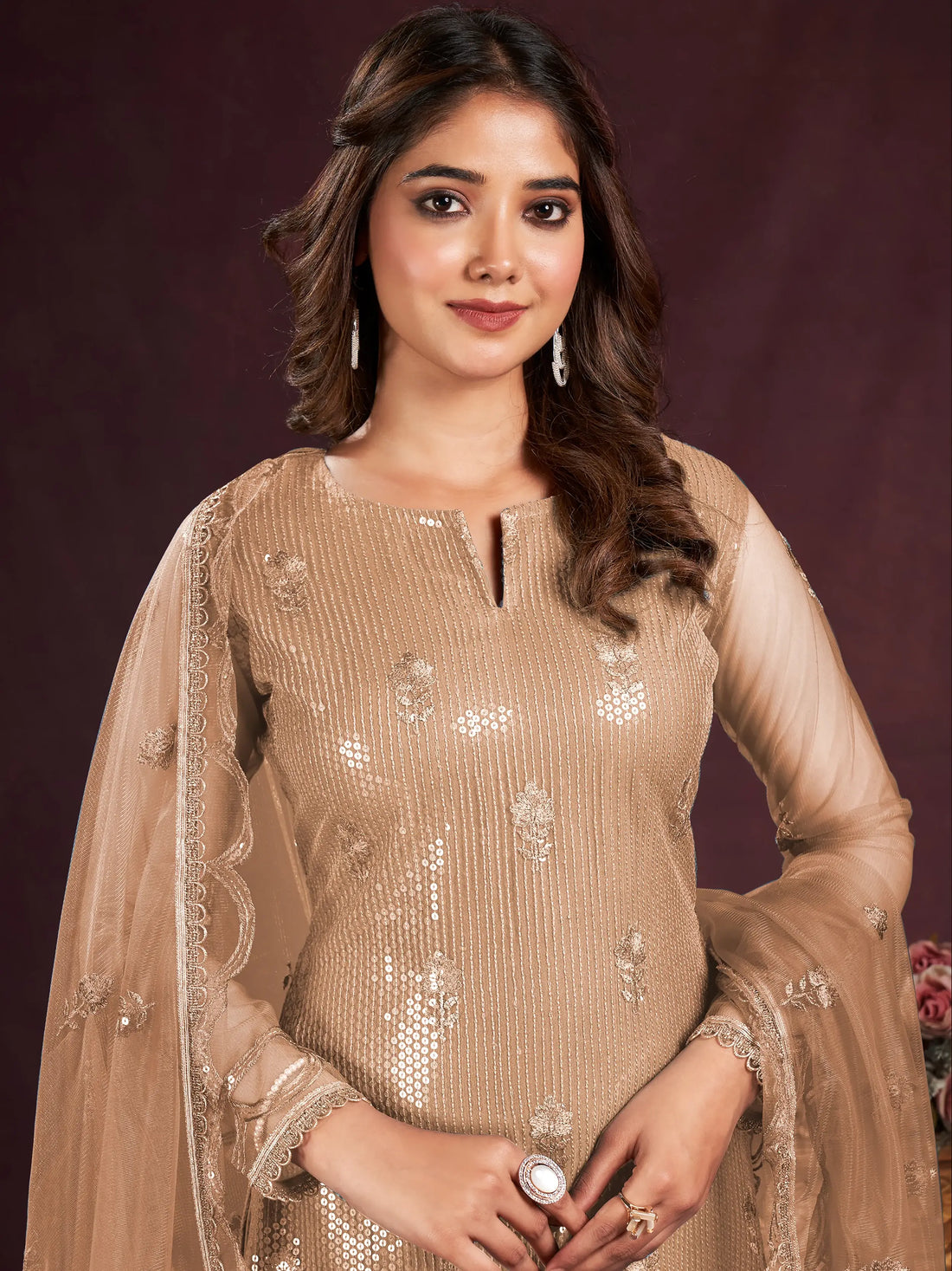 Enticing Brown Sequins Net Festive Wear Salwar kameez With Dupatta - Zeel Clothing