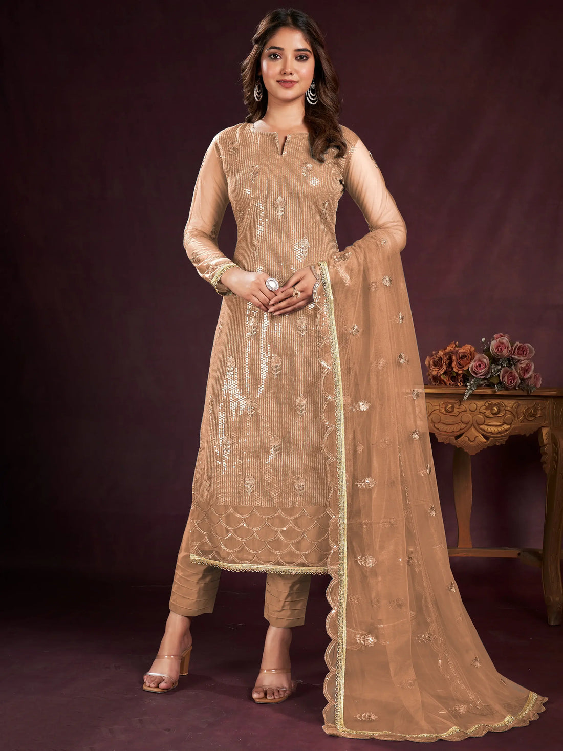 Enticing Brown Sequins Net Festive Wear Salwar kameez With Dupatta - Zeel Clothing