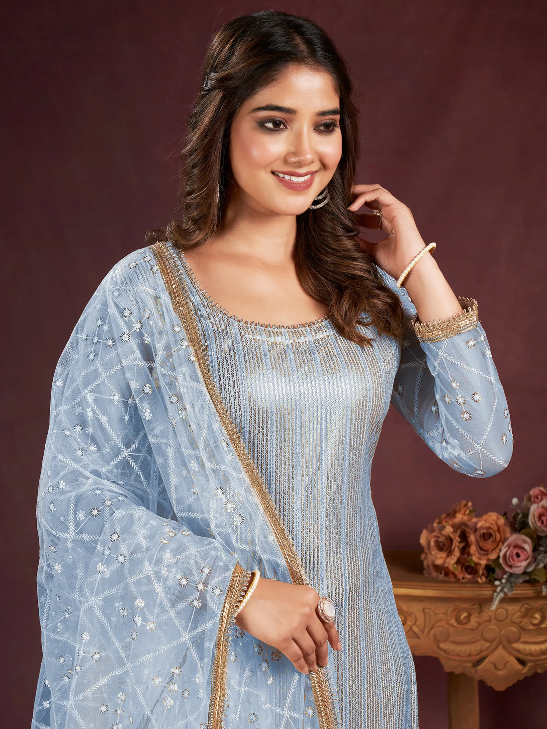 Entrancing Sky-Blue Sequins Net Traditional Salwar Kameez With Dupatta - Zeel Clothing